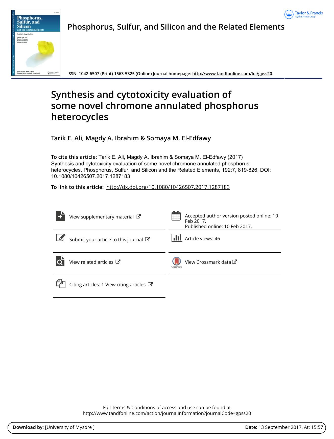 Synthesis and cytotoxicity evaluation of some novel chromone annulated phosphorus heterocycles by Tarik E. Ali & Magdy A. Ibrahim & Somaya M. El-Edfawy