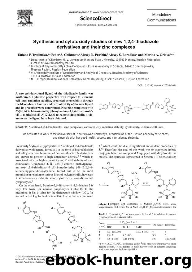 Synthesis and cytotoxicity studies of new 1,2,4-thiadiazole derivatives and their zinc complexes by Tatiana P. Trofimova & Fedor S. Chikunov & Alexey N. Proshin & Alexey S. Borodkov & Marina A. Orlova