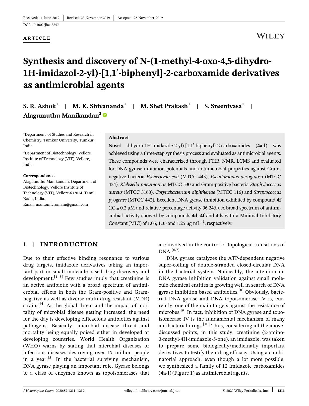 Synthesis and discovery of Nâ(1âmethylâ4âoxoâ4,5âdihydroâ1Hâimidazolâ2âyl)â[1,1âbiphenyl]â2âcarboxamide derivatives as antimicrobial agents by S. R. Ashok M. K. Shivananda M. Shet Prakash S. Sreenivasa Alagumuthu Manikandan