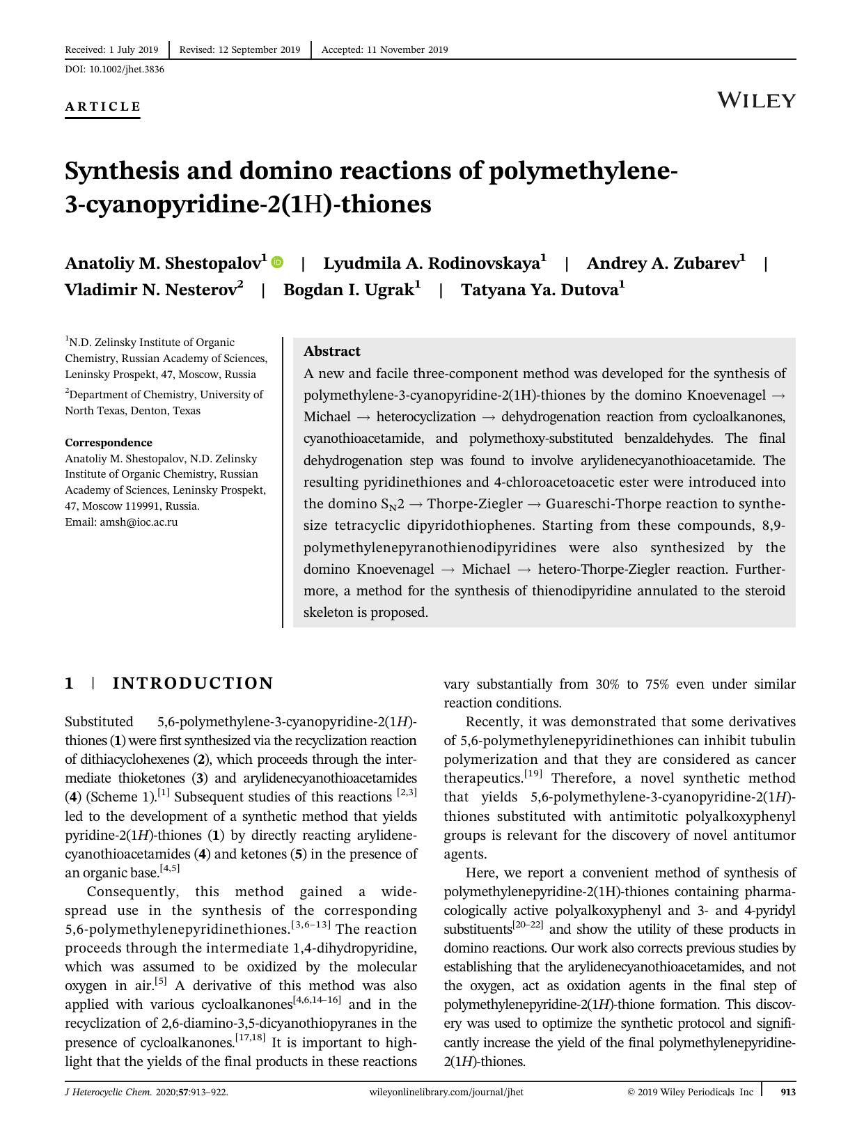 Synthesis and domino reactions of polymethyleneâ3âcyanopyridineâ2(1)âthiones by unknow