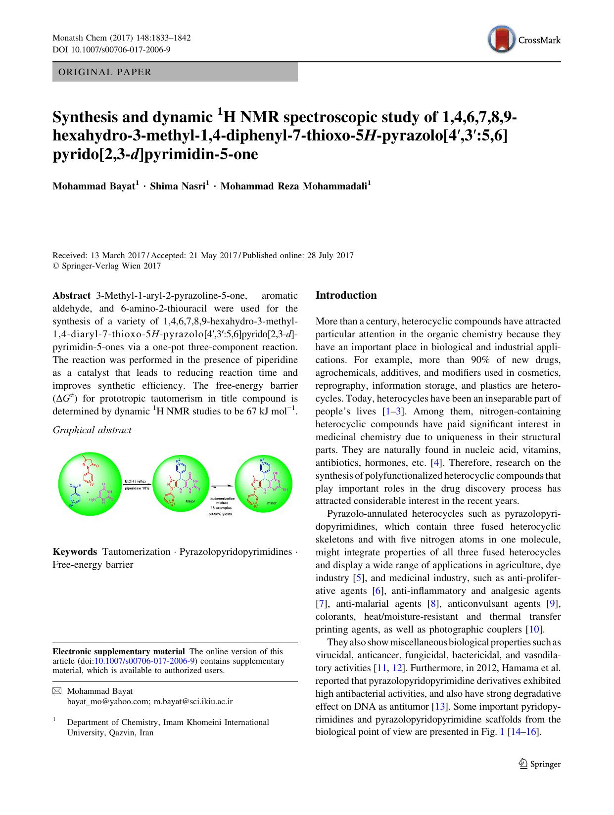 Synthesis and dynamic 1H NMR spectroscopic study of 1,4,6,7,8,9-hexahydro-3-methyl-1,4-diphenyl-7-thioxo-5H-pyrazolo[4',3':5,6]pyrido[2,3-d]pyrimidin-5-one by Mohammad Bayat & Shima Nasri & Mohammad Reza Mohammadali