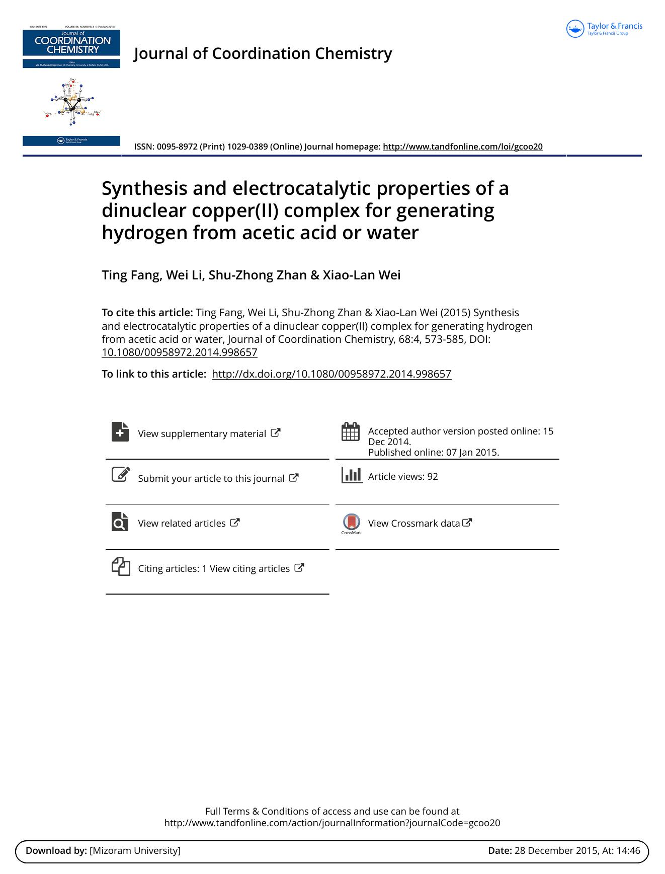 Synthesis and electrocatalytic properties of a dinuclear copper(II) complex for generating hydrogen from acetic acid or water by Ting Fang