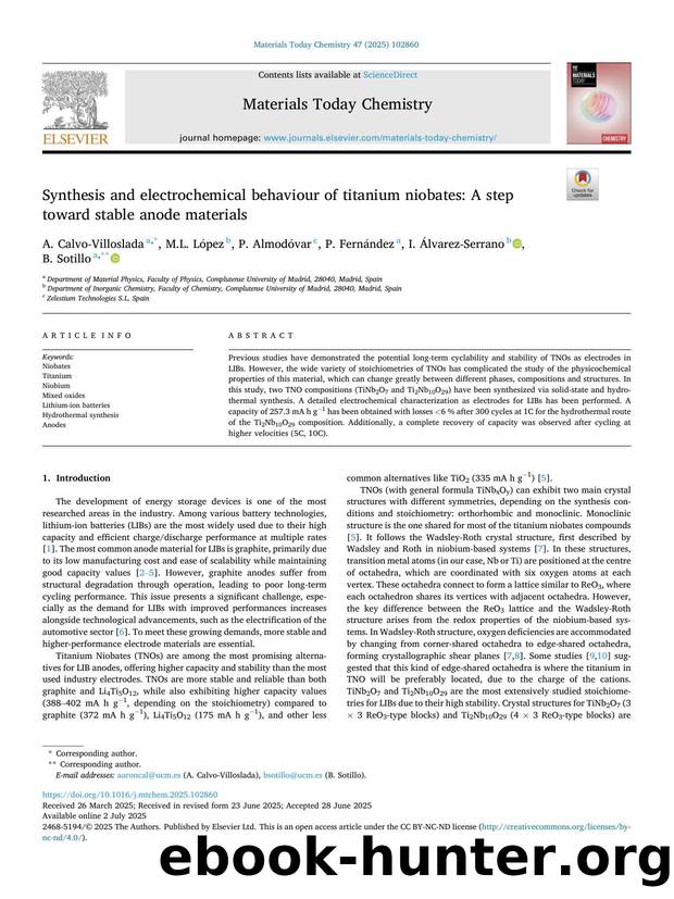 Synthesis and electrochemical behaviour of titanium niobates: A step toward stable anode materials by A. Calvo-Villoslada & M.L. López & P. Almodóvar & P. Fernández & I. Álvarez-Serrano & B. Sotillo