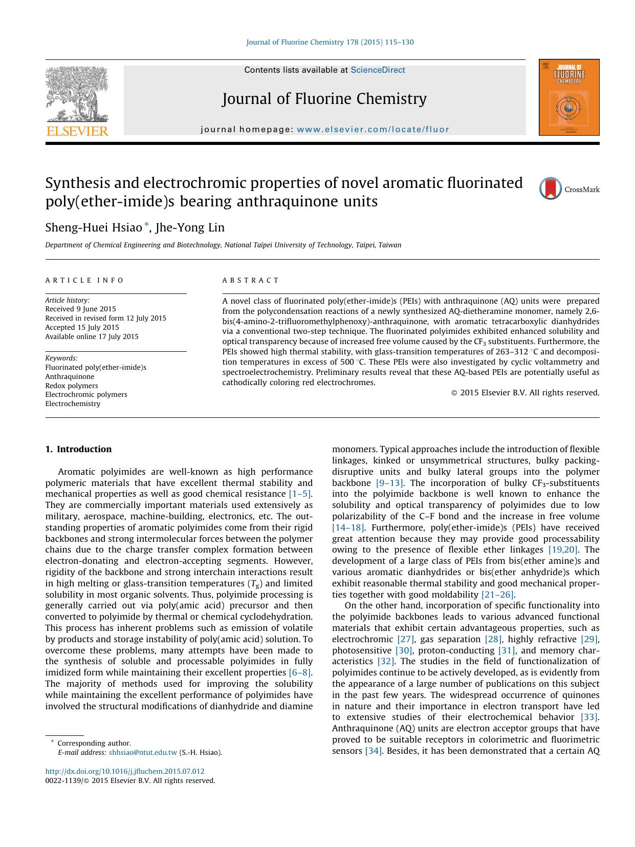 Synthesis and electrochromic properties of novel aromatic fluorinated poly(ether-imide)s bearing anthraquinone units by Sheng-Huei Hsiao