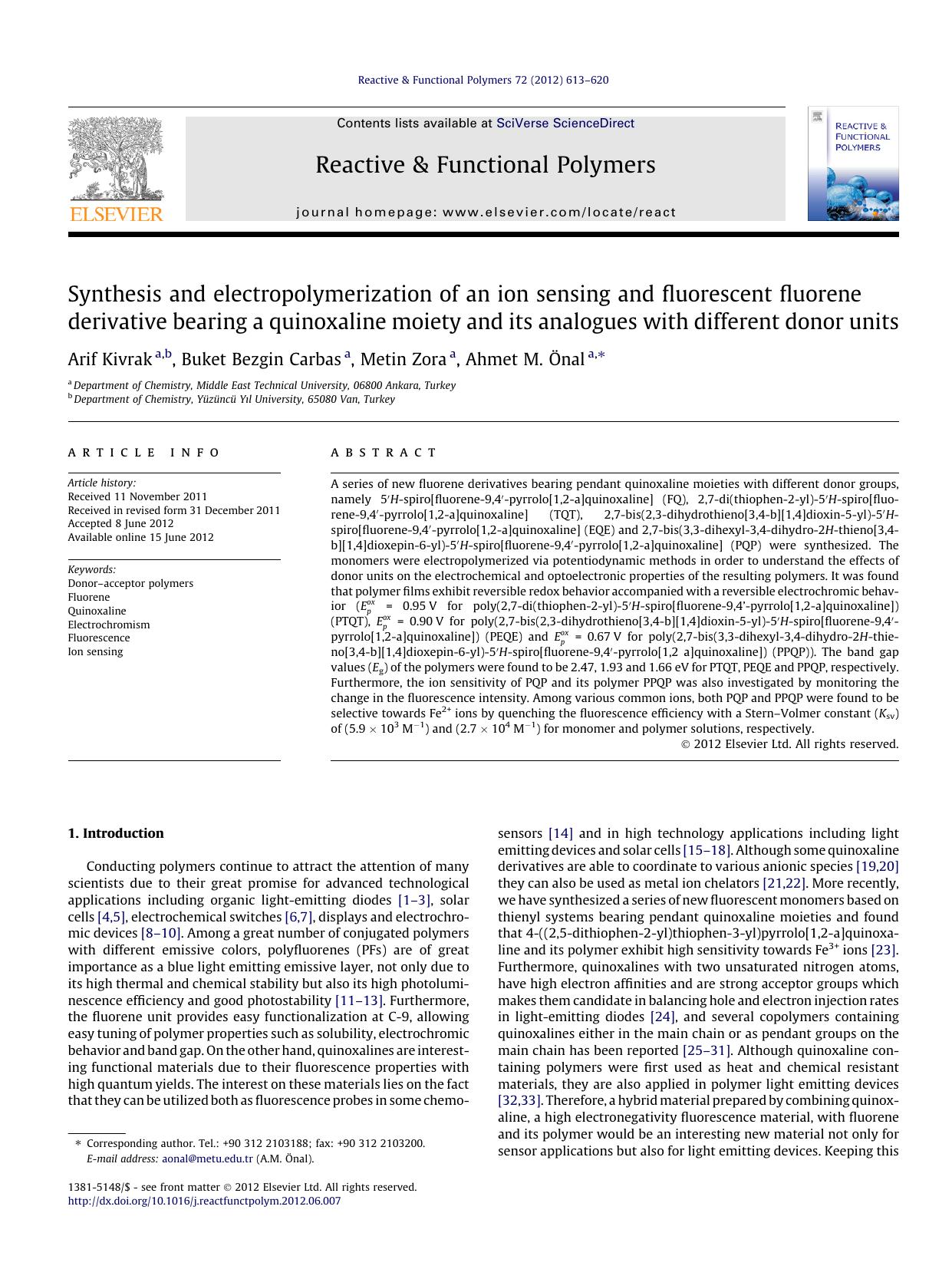 Synthesis and electropolymerization of an ion sensing and fluorescent fluorene derivative bearing a quinoxaline moiety and its analogues with different donor units by Arif Kivrak & Buket Bezgin Carbas & Metin Zora & Ahmet M. Önal