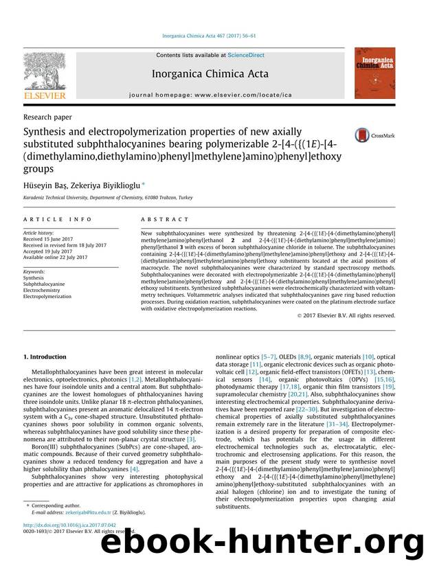 Synthesis and electropolymerization properties of new axially substituted subphthalocyanines bearing polymerizable 2-[4-({(1E)-[4-(dimethylamino,diethylamino)phenyl]methylene}amino by HÃ¼seyin BaÅŸ & Zekeriya Biyiklioglu