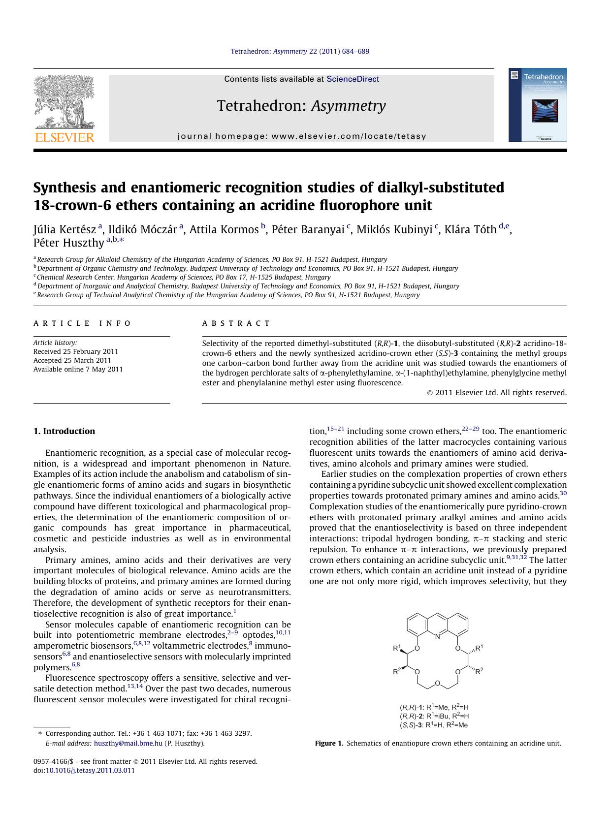 Synthesis and enantiomeric recognition studies of dialkyl-substituted 18-crown-6 ethers containing an acridine fluorophore unit by unknow