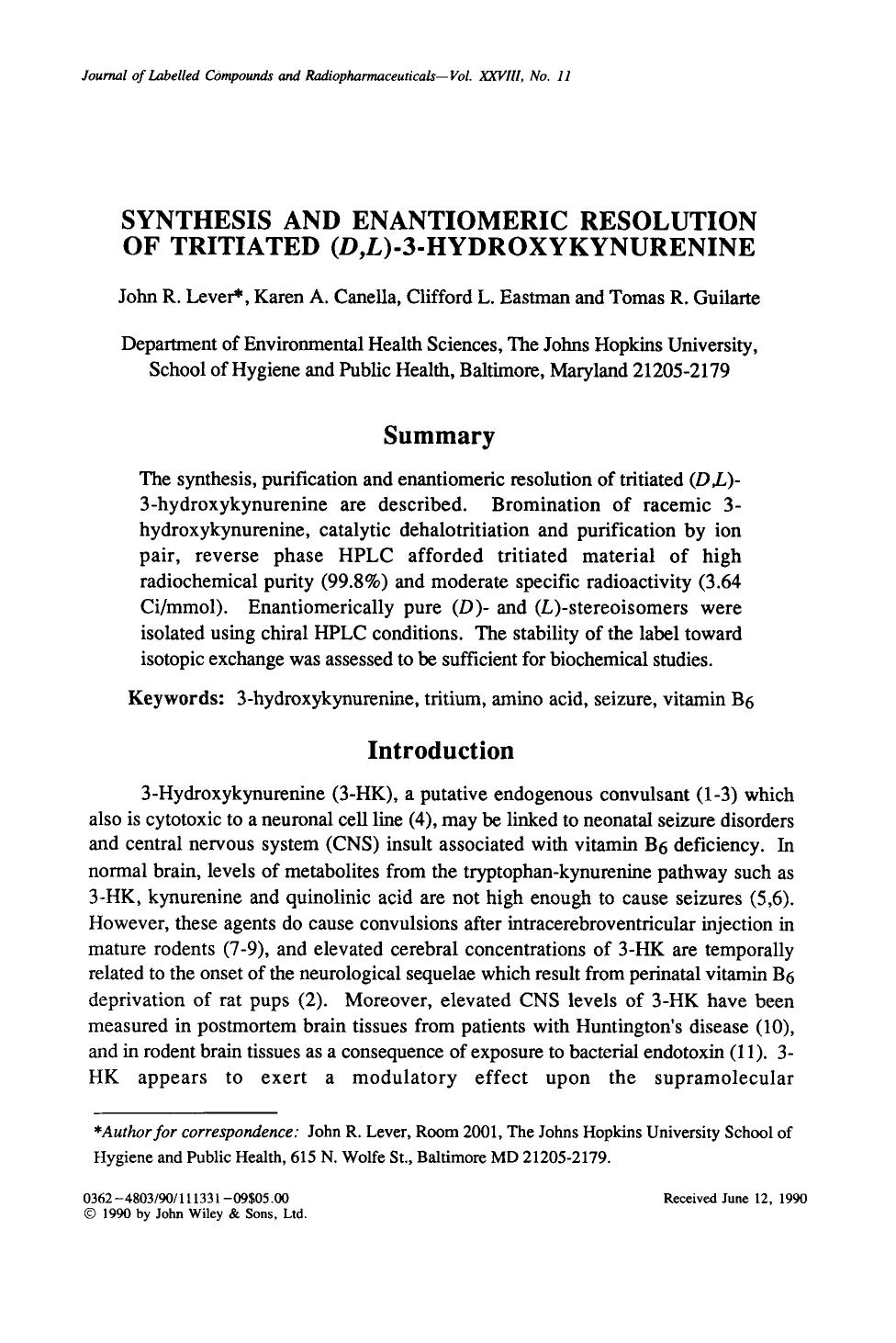 Synthesis and enantiomeric resolution of tritiated (D,L)-3-hydroxykynurenine by Unknown