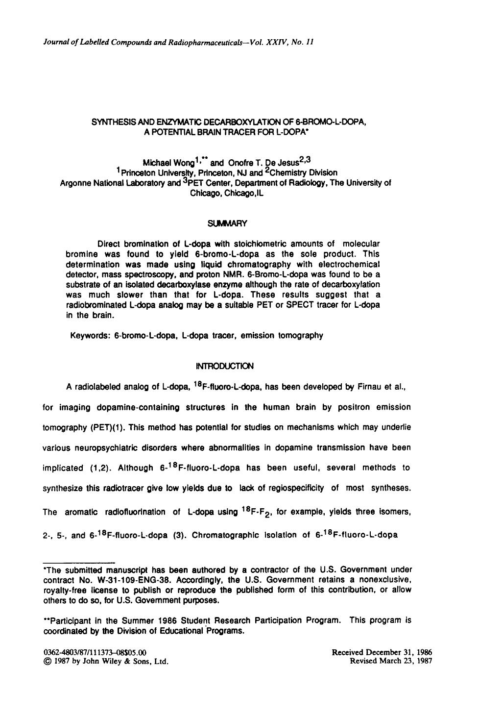 Synthesis and enzymatic decarboxylation of 6-bromo-L-dopa, a potential brain tracer for L-dopa by Unknown