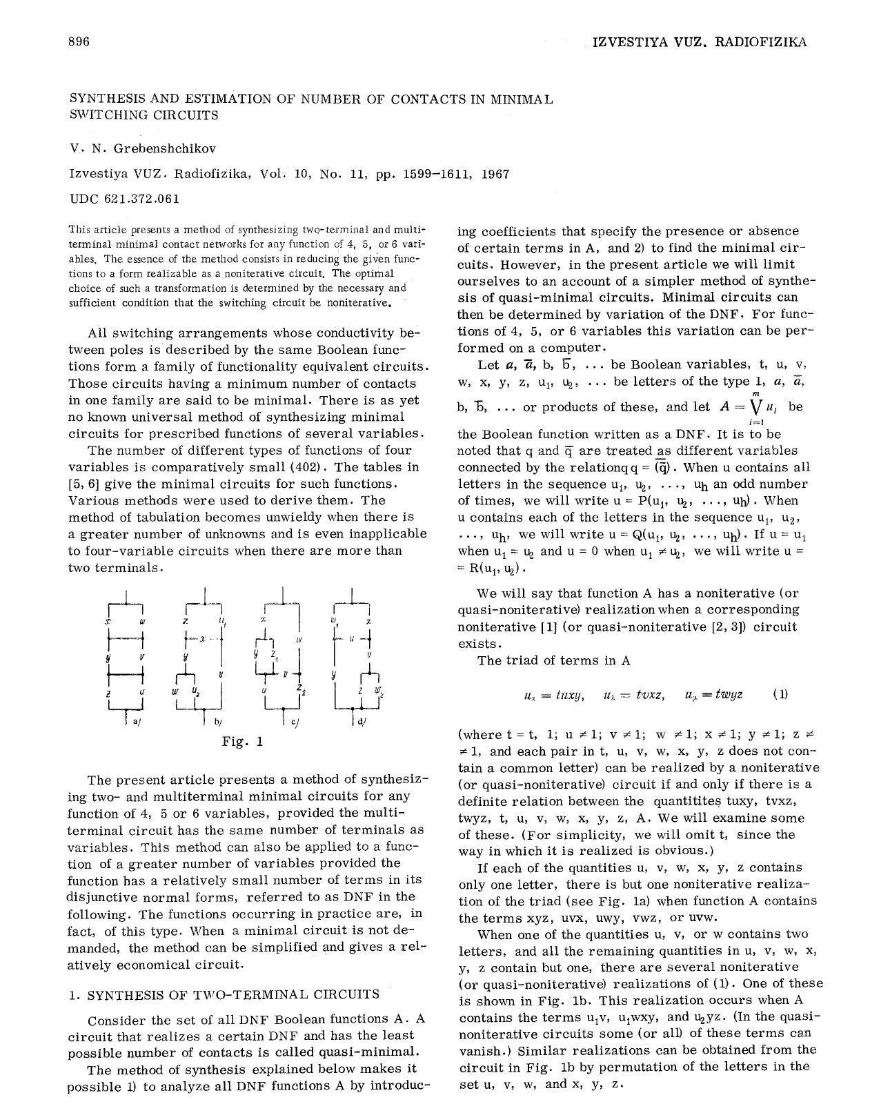 Synthesis and estimation of number of contacts in minimal switching circuits by Unknown