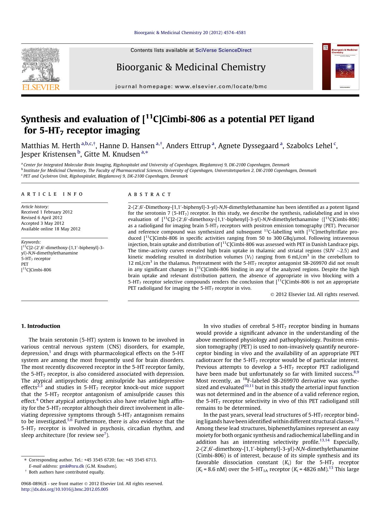Synthesis and evaluation of [11C]Cimbi-806 as a potential PET ligand for 5-HT7 receptor imaging by unknow