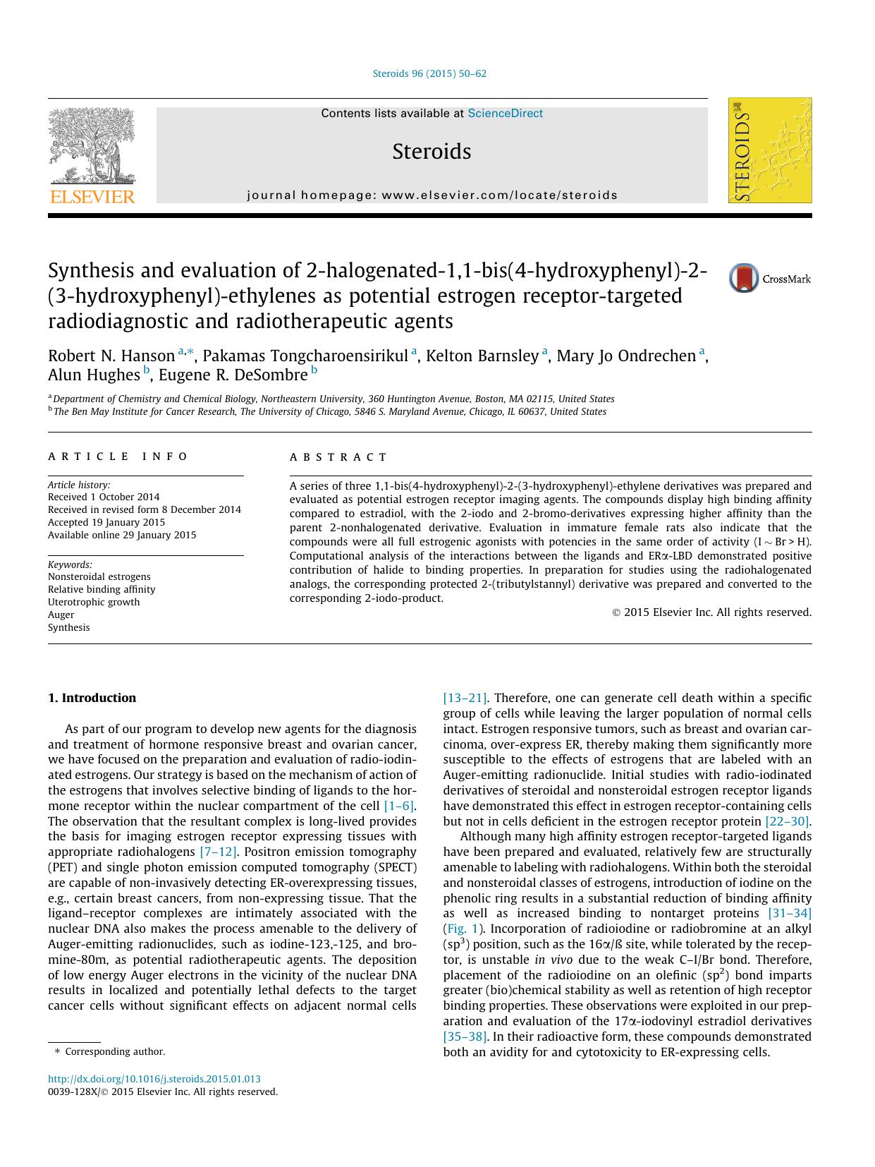 Synthesis and evaluation of 2-halogenated-1,1-bis(4-hydroxyphenyl)-2-(3-hydroxyphenyl)-ethylenes as potential estrogen receptor-targeted radiodiagnostic and radiotherapeutic agents by unknow