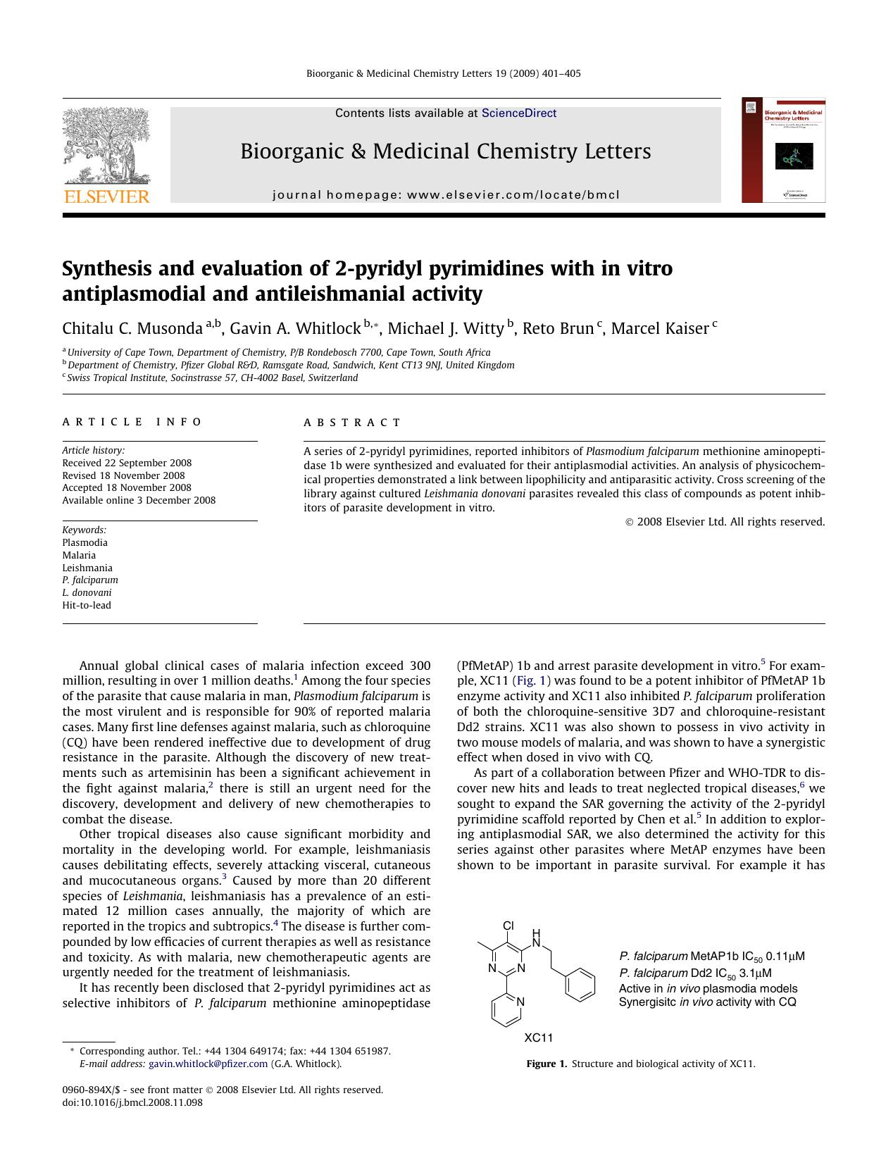 Synthesis and evaluation of 2-pyridyl pyrimidines with in vitro antiplasmodial and antileishmanial activity by Chitalu C. Musonda; Gavin A. Whitlock; Michael J. Witty; Reto Brun; Marcel Kaiser