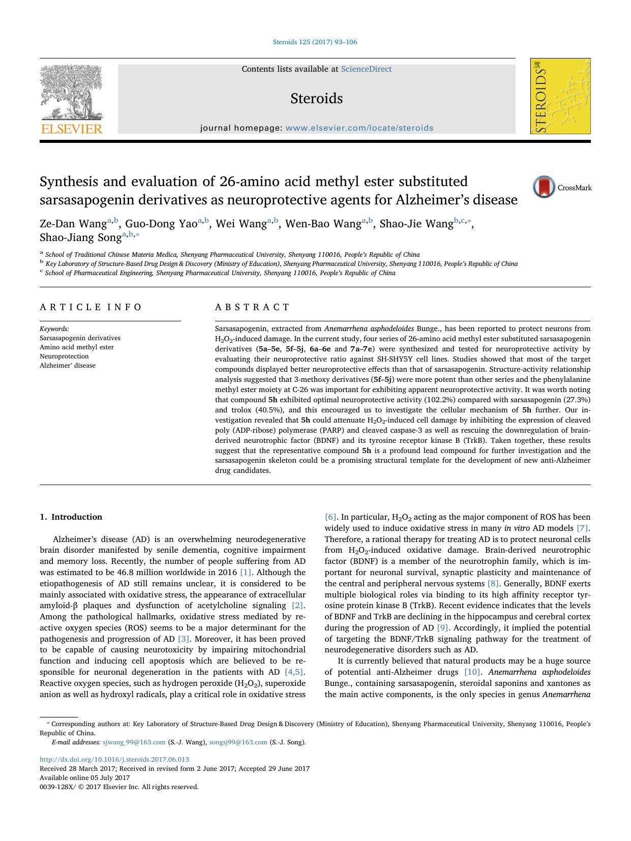 Synthesis and evaluation of 26-amino acid methyl ester substituted sarsasapogenin derivatives as neuroprotective agents for Alzheimer’s disease by Ze-Dan Wang & Guo-Dong Yao & Wei Wang & Wen-Bao Wang & Shao-Jie Wang & Shao-Jiang Song