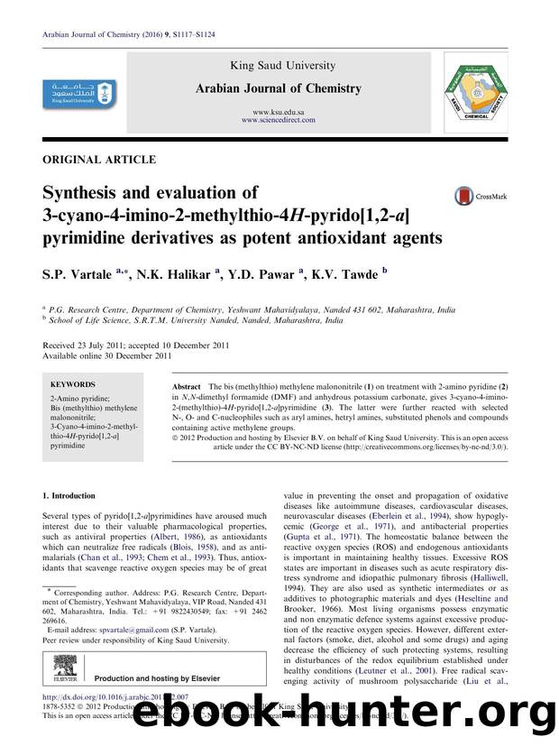 Synthesis and evaluation of 3-cyano-4-imino-2-methylthio-4H-pyrido[1,2-a]pyrimidine derivatives as potent antioxidant agents by S.P. Vartale & N.K. Halikar & Y.D. Pawar & K.V. Tawde