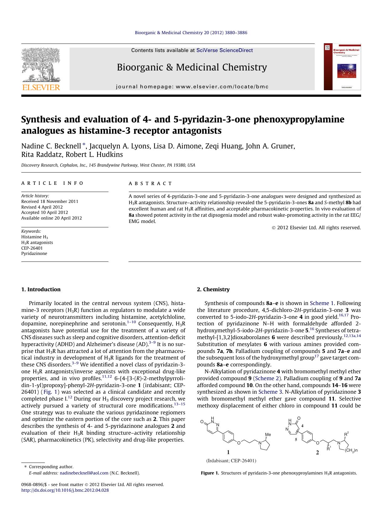 Synthesis and evaluation of 4- and 5-pyridazin-3-one phenoxypropylamine analogues as histamine-3 receptor antagonists by unknow