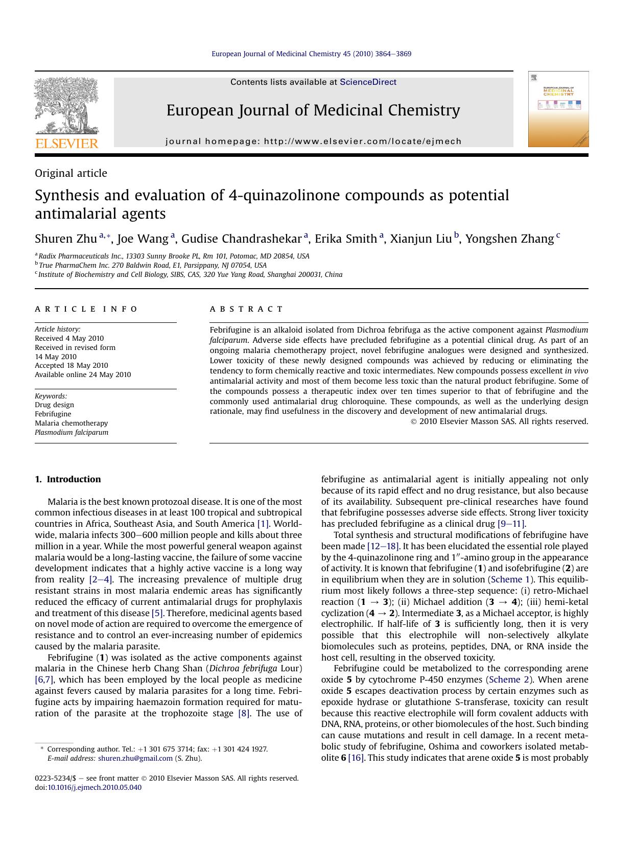 Synthesis and evaluation of 4-quinazolinone compounds as potential antimalarial agents by Shuren Zhu & Joe Wang & Gudise Chandrashekar & Erika Smith & Xianjun Liu & Yongshen Zhang