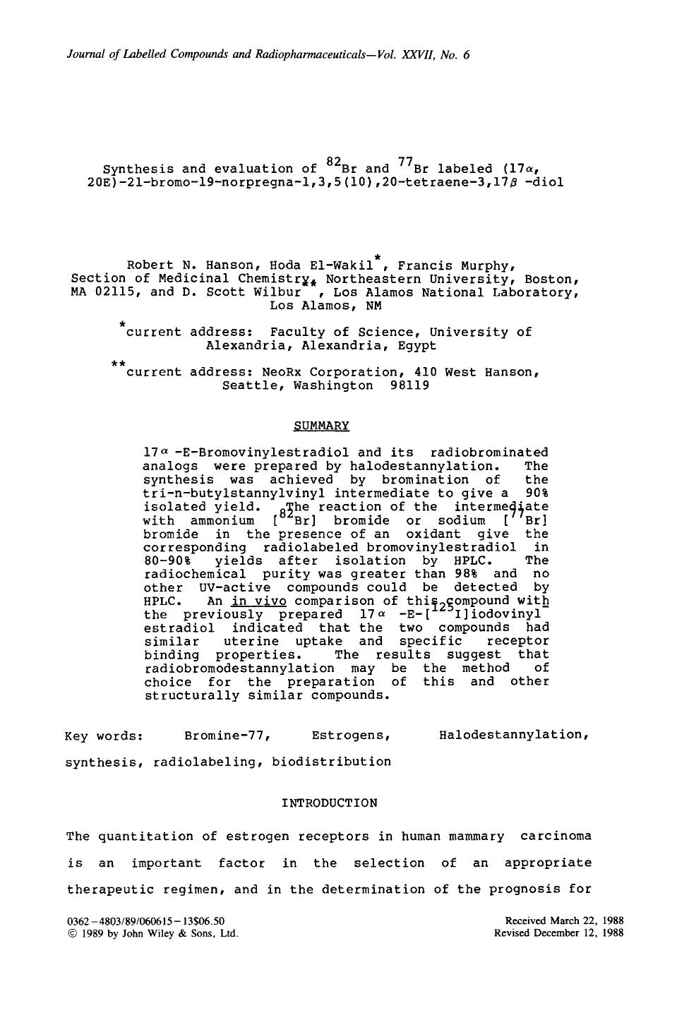 Synthesis and evaluation of 82Br and 77Br labeled (17[alpha], 20E)-21-bromo-19-norpregna-1,3,5(10),20-tetraene-3,17[beta] -diol by Unknown