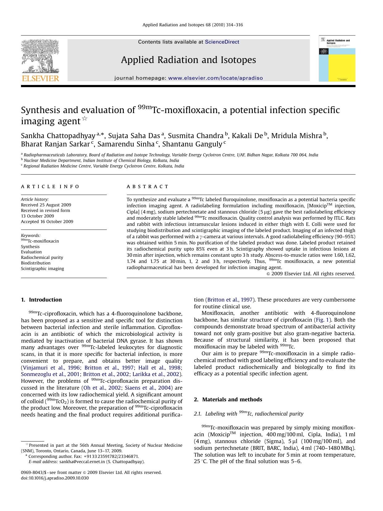 Synthesis and evaluation of 99mTc-moxifloxacin, a potential infection specific imaging agent by unknow