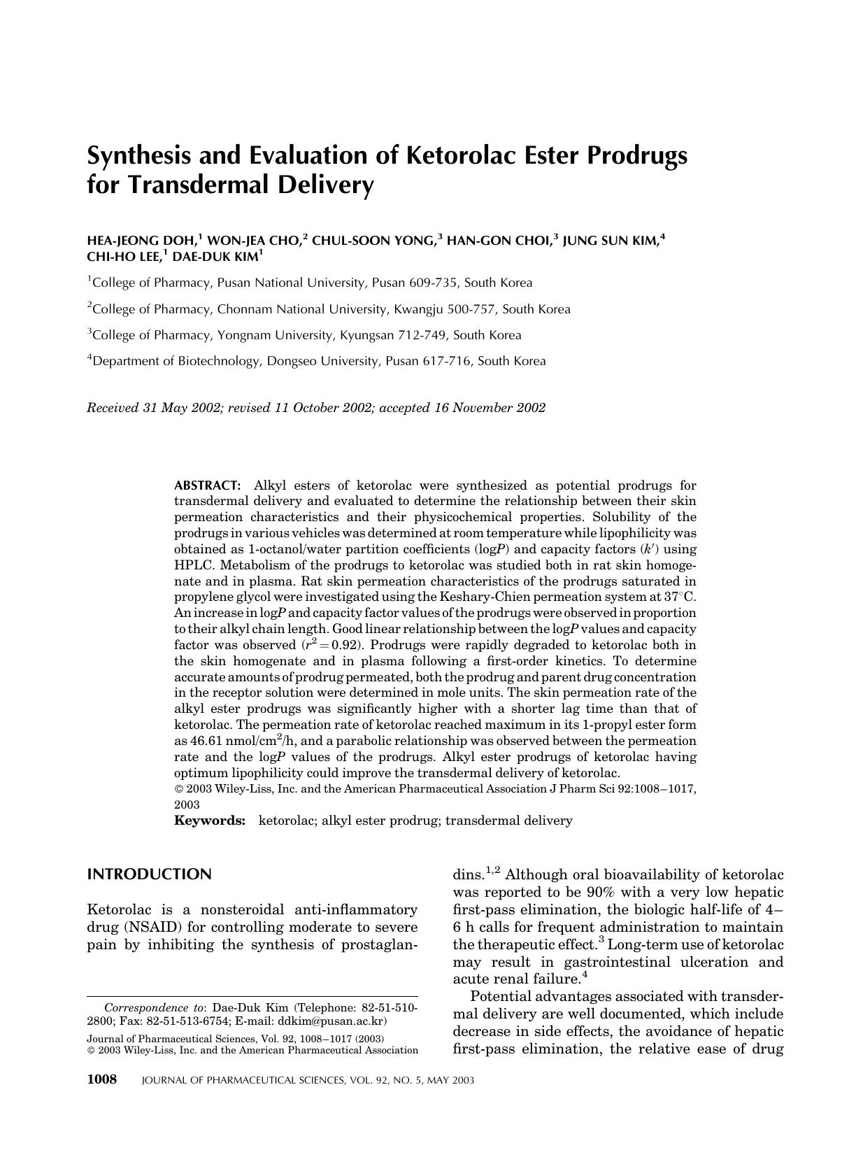 Synthesis and evaluation of Ketorolac ester prodrugs for transdermal delivery by Unknown