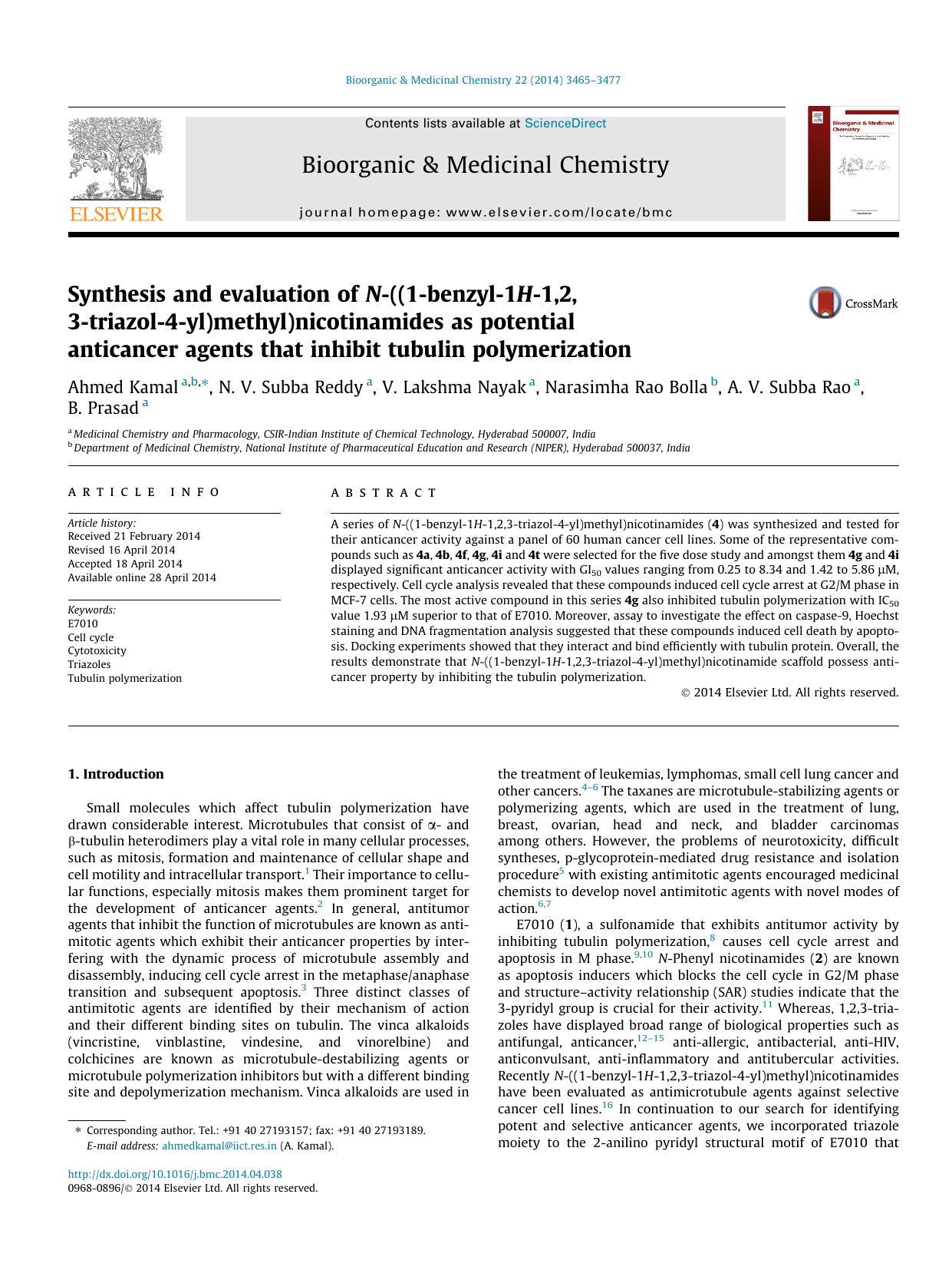 Synthesis and evaluation of N-((1-benzyl-1H-1,2,3-triazol-4-yl)methyl)nicotinamides as potential anticancer agents that inhibit tubulin polymerization by Ahmed Kamal & N.V. Subba Reddy & V. Lakshma Nayak & Narasimha Rao Bolla & A.V. Subba Rao & B. Prasad