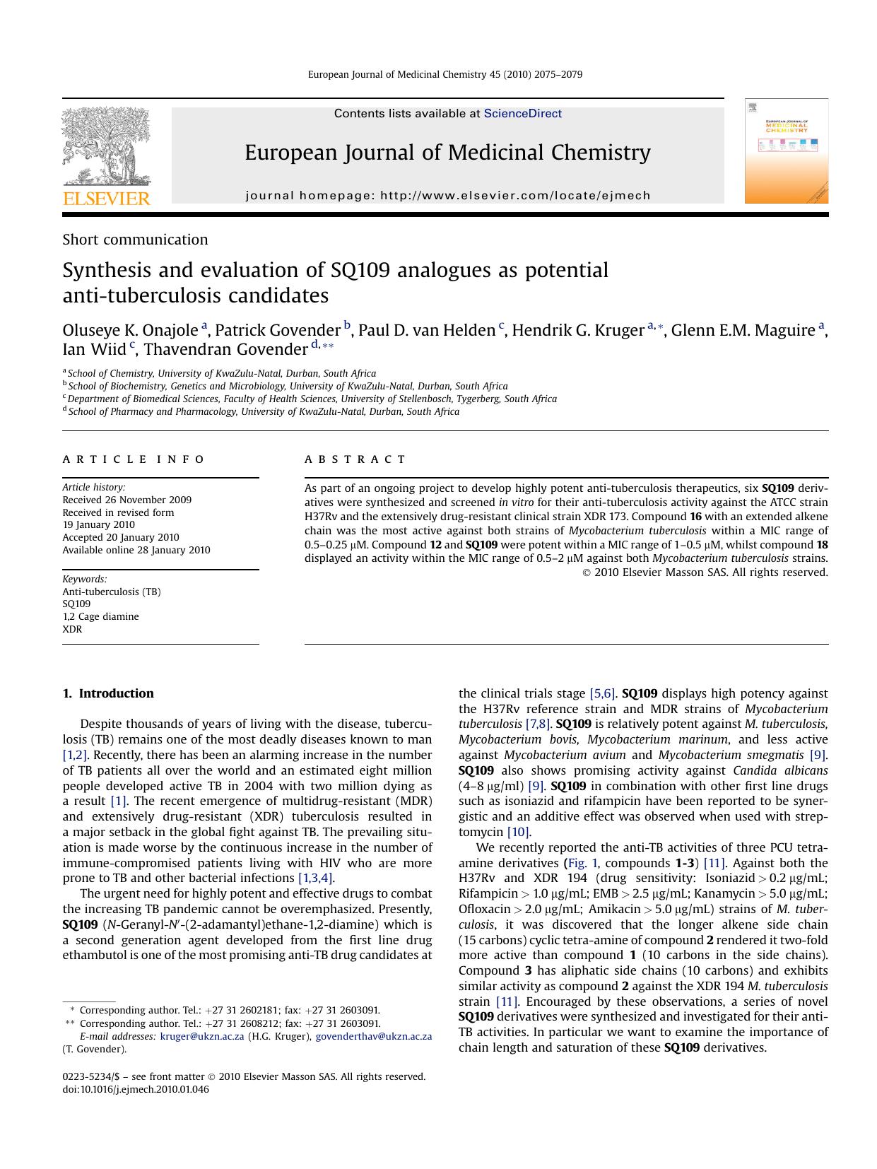 Synthesis and evaluation of SQ109 analogues as potential anti-tuberculosis candidates by unknow