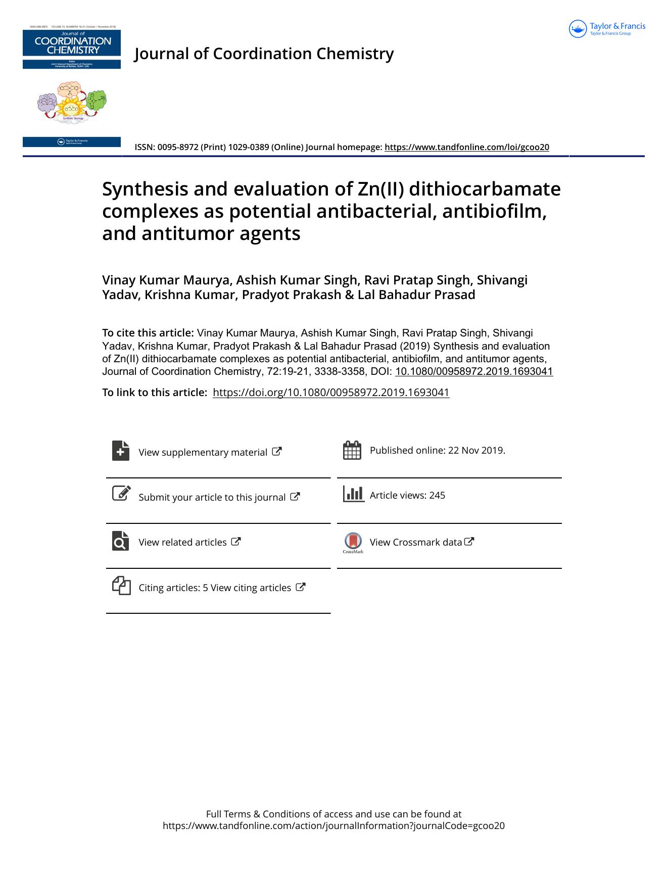 Synthesis and evaluation of Zn(II) dithiocarbamate complexes as potential antibacterial, antibiofilm, and antitumor agents by unknow