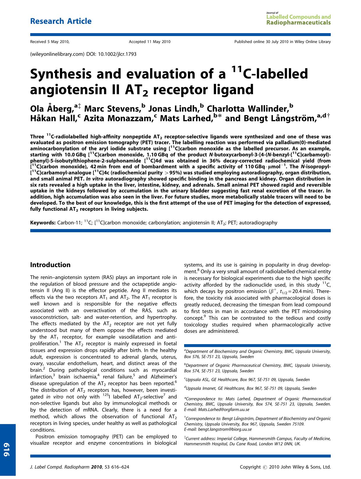 Synthesis and evaluation of a 11Clabelled angiotensin II AT2 receptor ligand by Unknown