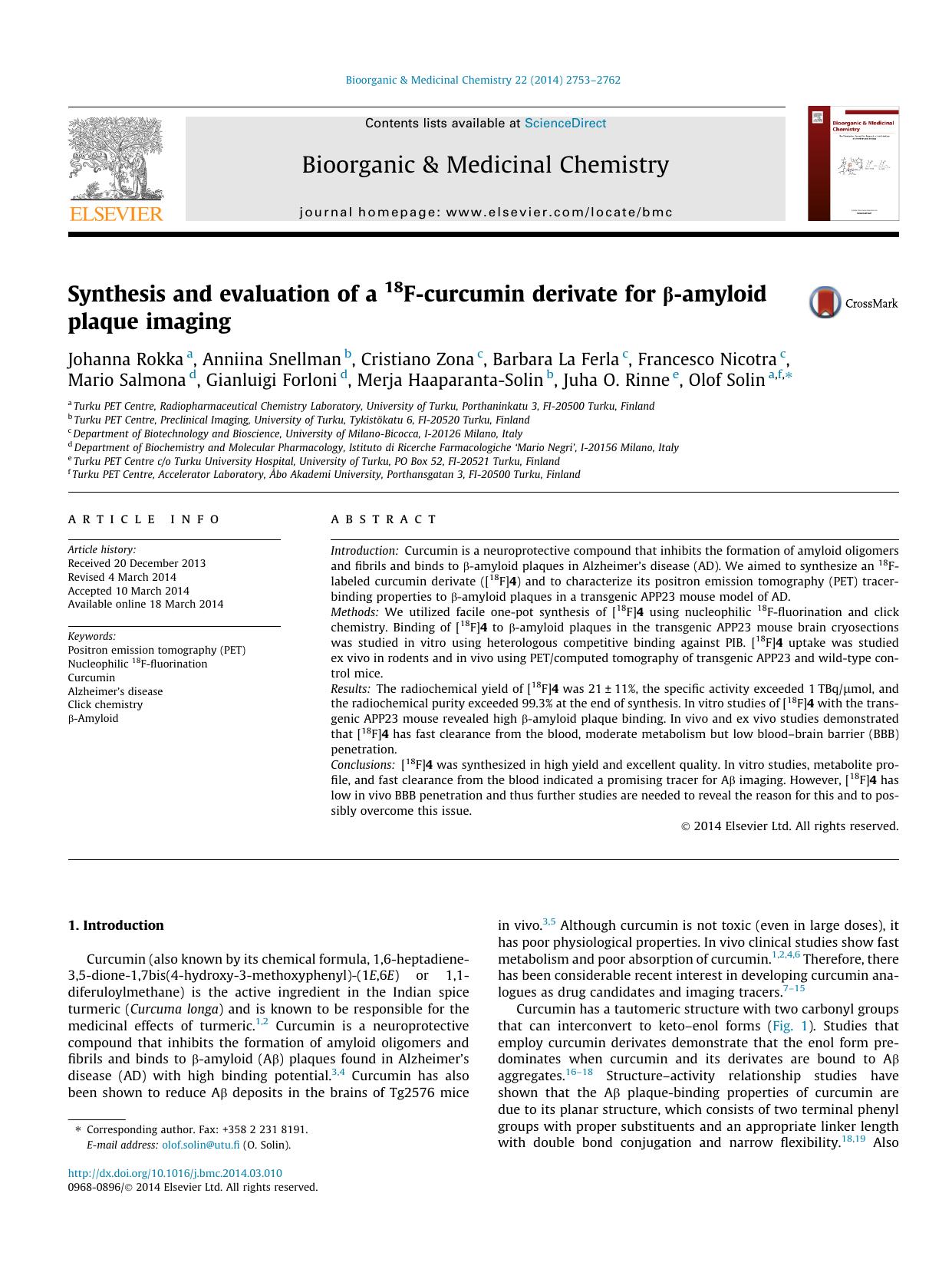 Synthesis and evaluation of a 18F-curcumin derivate for ÃÂ²-amyloid plaque imaging by unknow