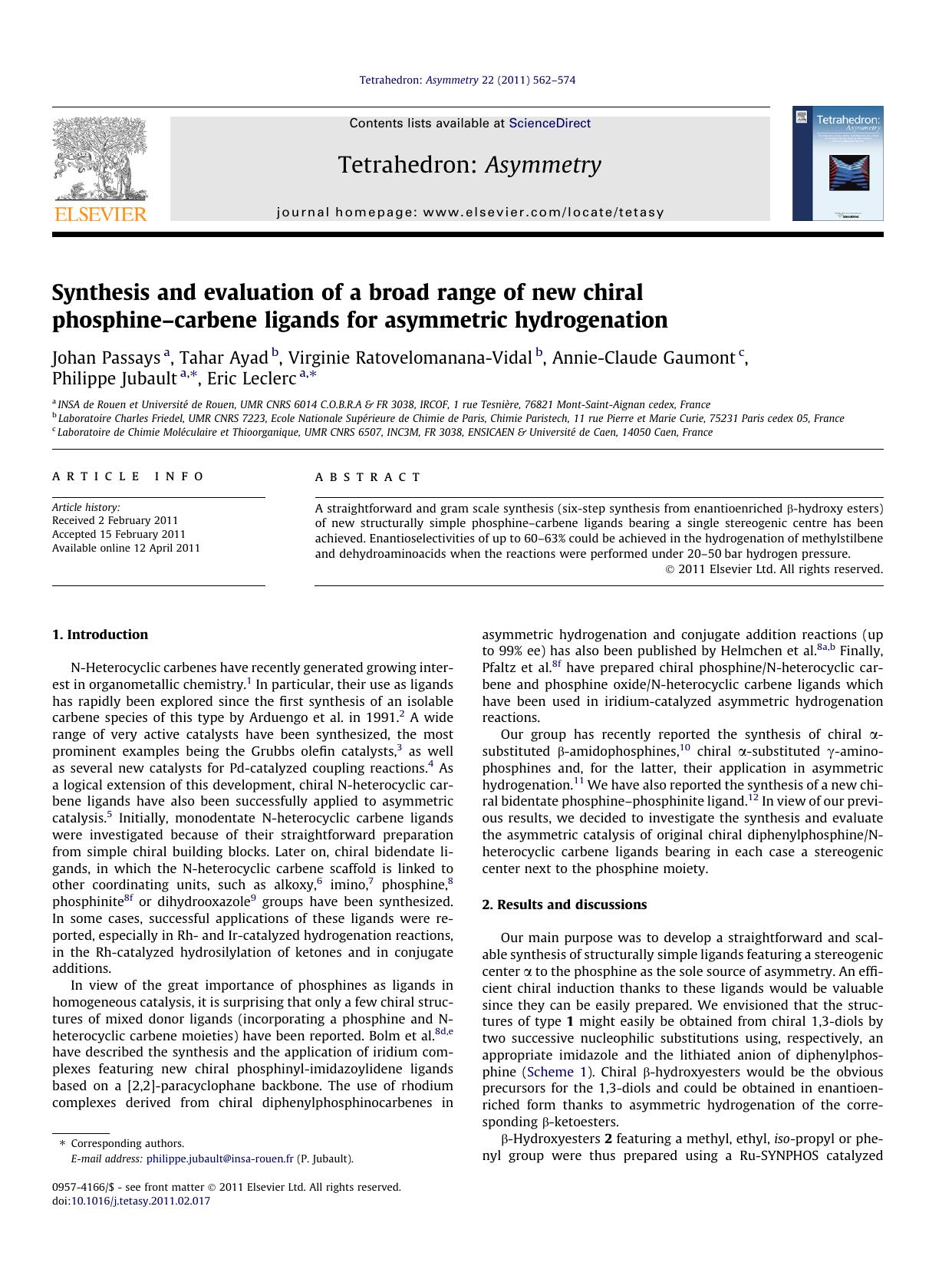 Synthesis and evaluation of a broad range of new chiral phosphineÃ¢â¬âcarbene ligands for asymmetric hydrogenation by unknow
