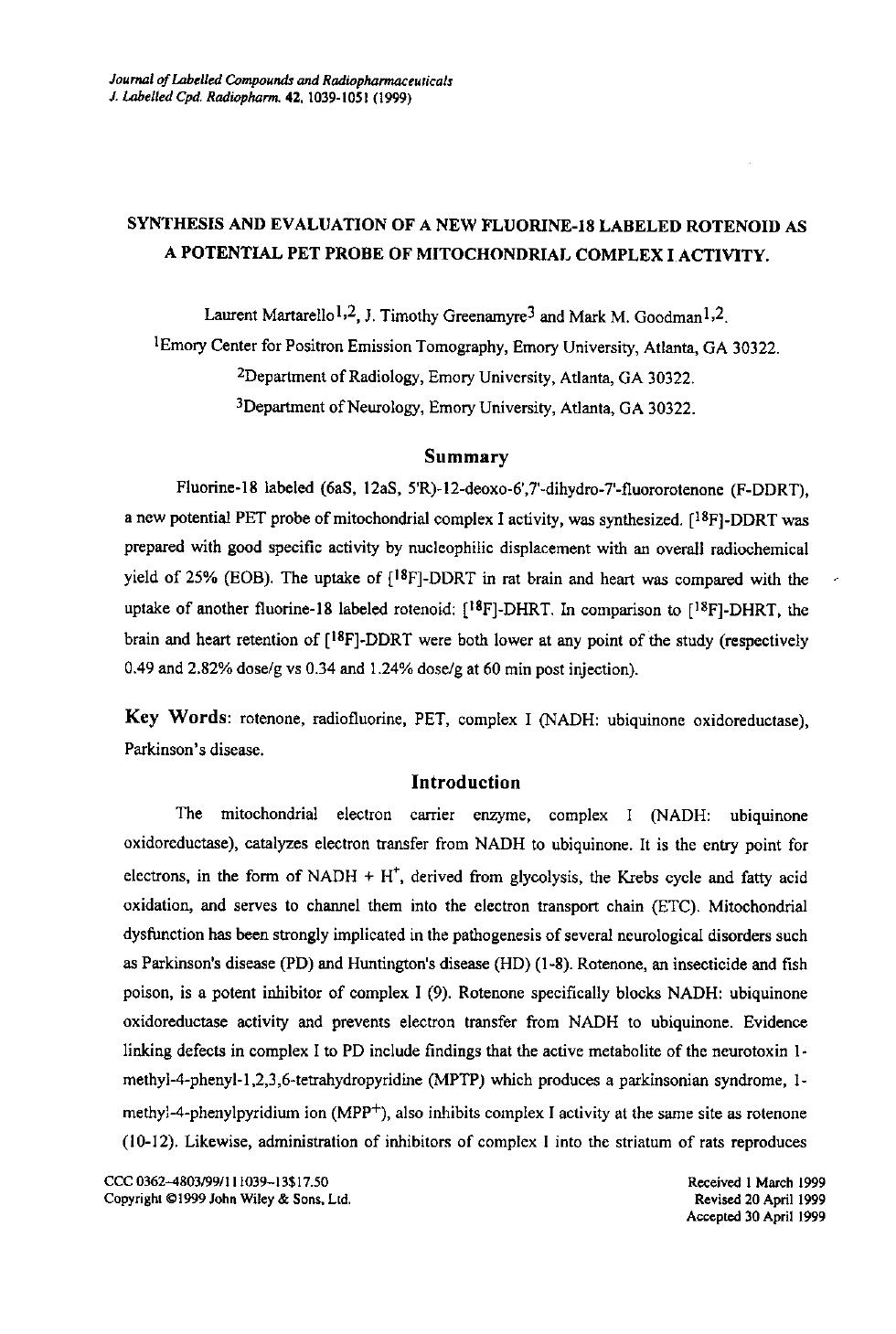 Synthesis and evaluation of a new fluorine-18 labeled rotenoid as a potential PET probe of mitochondrial complex I activity by Unknown