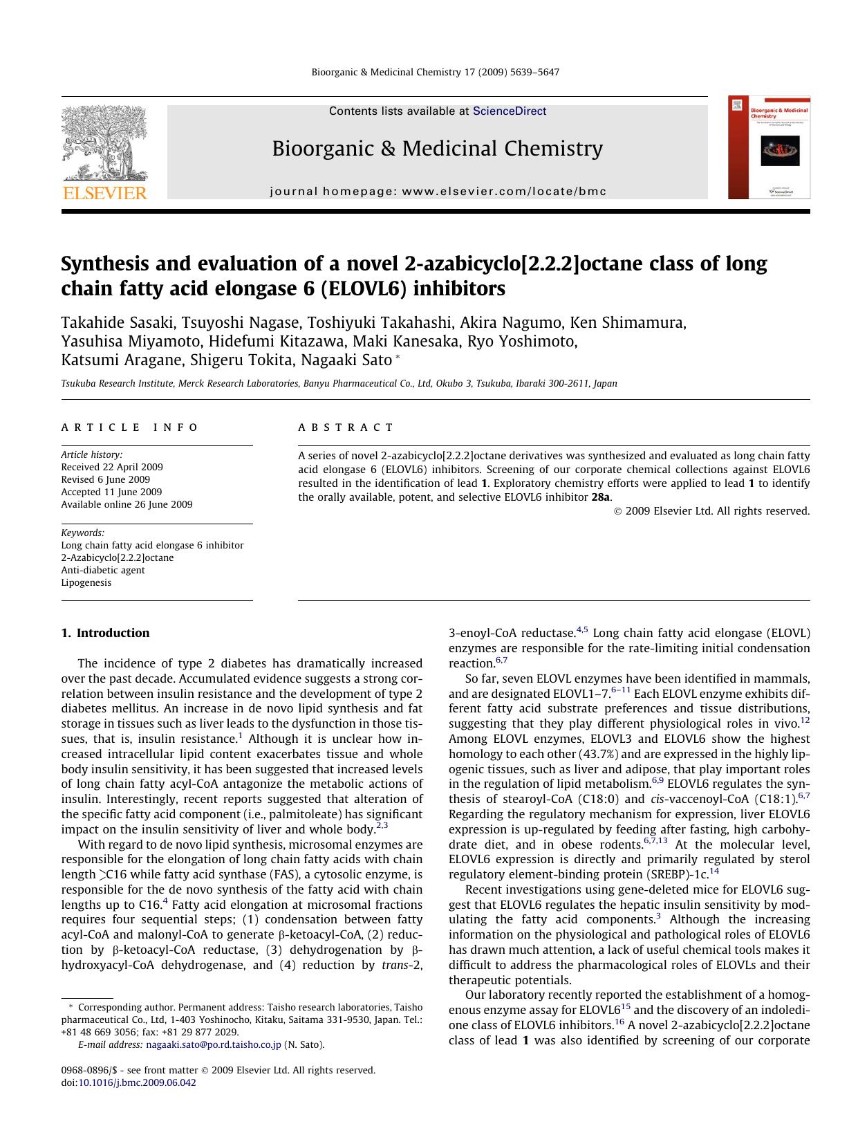 Synthesis and evaluation of a novel 2-azabicyclo[2.2.2]octane class of long chain fatty acid elongase 6 (ELOVL6) inhibitors by unknow