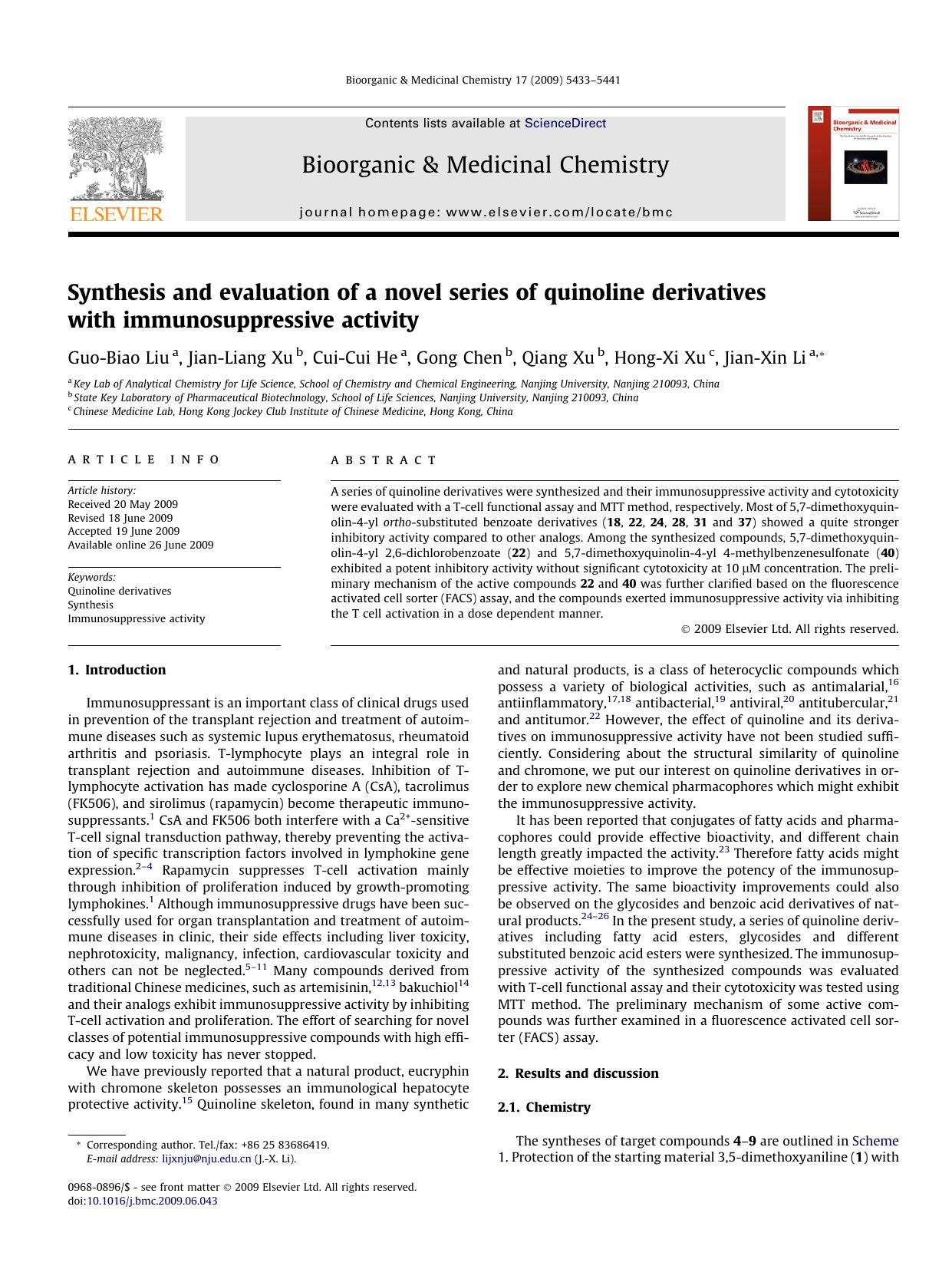 Synthesis and evaluation of a novel series of quinoline derivatives with immunosuppressive activity by Guo-Biao Liu; Jian-Liang Xu; Cui-Cui He; Gong Chen; Qiang Xu; Hong-Xi Xu; Jian-Xin Li