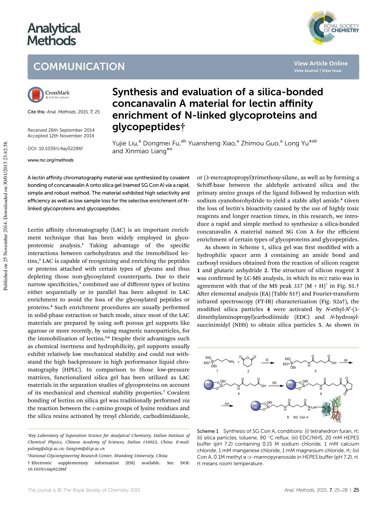 Synthesis and evaluation of a silica-bonded concanavalin A material for lectin affinity enrichment of N-linked glycoproteins and glycopeptides by Yujie Liu & Dongmei Fu & Yuansheng Xiao & Zhimou Guo & Long Yu & Xinmiao Liang