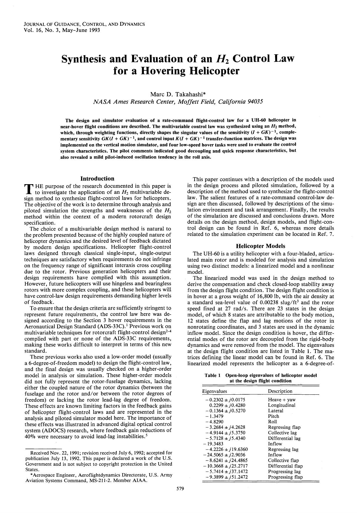 Synthesis and evaluation of an H2 control law for a hovering helicopter by Unknown
