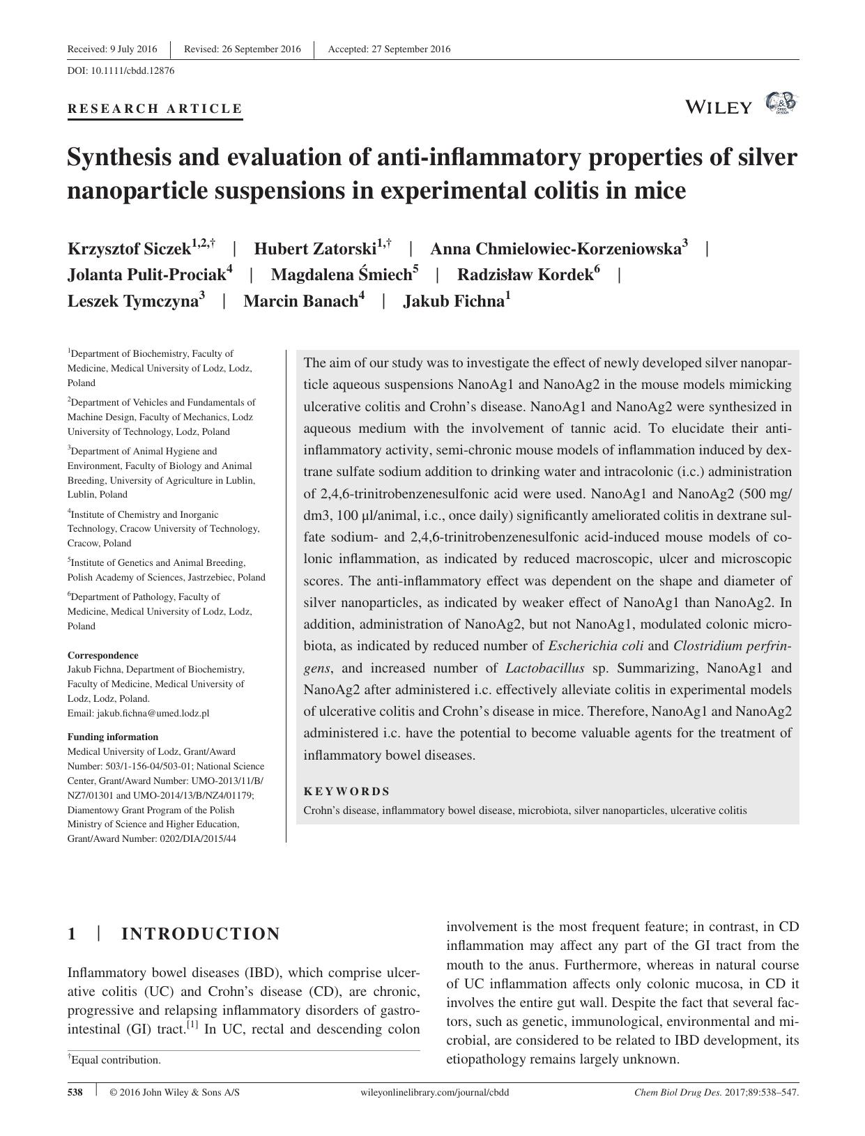 Synthesis and evaluation of anti‐inflammatory properties of silver nanoparticle suspensions in experimental colitis in mice by unknow