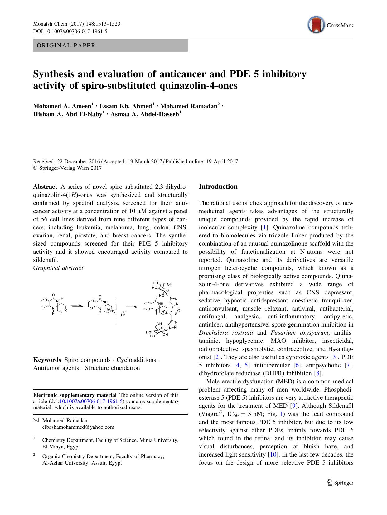 Synthesis and evaluation of anticancer and PDE 5 inhibitory activity of spiro-substituted quinazolin-4-ones by Mohamed A. Ameen & Essam Kh. Ahmed & Mohamed Ramadan & Hisham A. Abd El-Naby & Asmaa A. Abdel-Haseeb