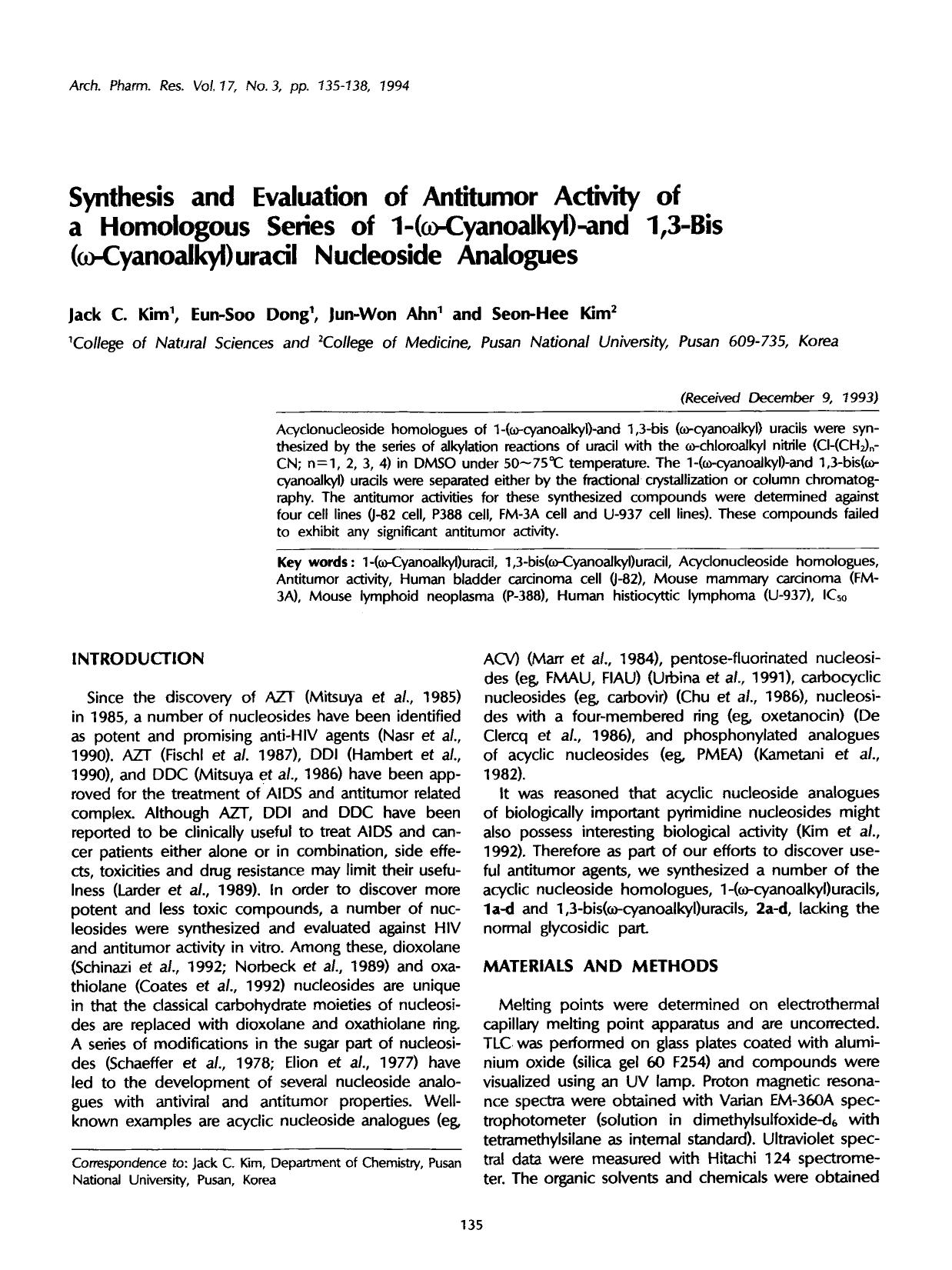 Synthesis and evaluation of antitumor activity of a homologous series of 1-(&#x03C9;-cyanoalkyl)-and 1,3-bis (&#x03C9;-cyanoalkyl)uracil nucleoside analogues by Unknown
