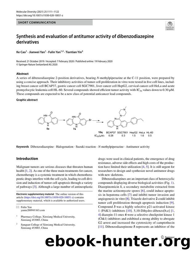 Synthesis and evaluation of antitumor activity of dibenzodiazepine derivatives by Ke Cao & Jianwei Yan & Fulin Yan & Tiantian Yin