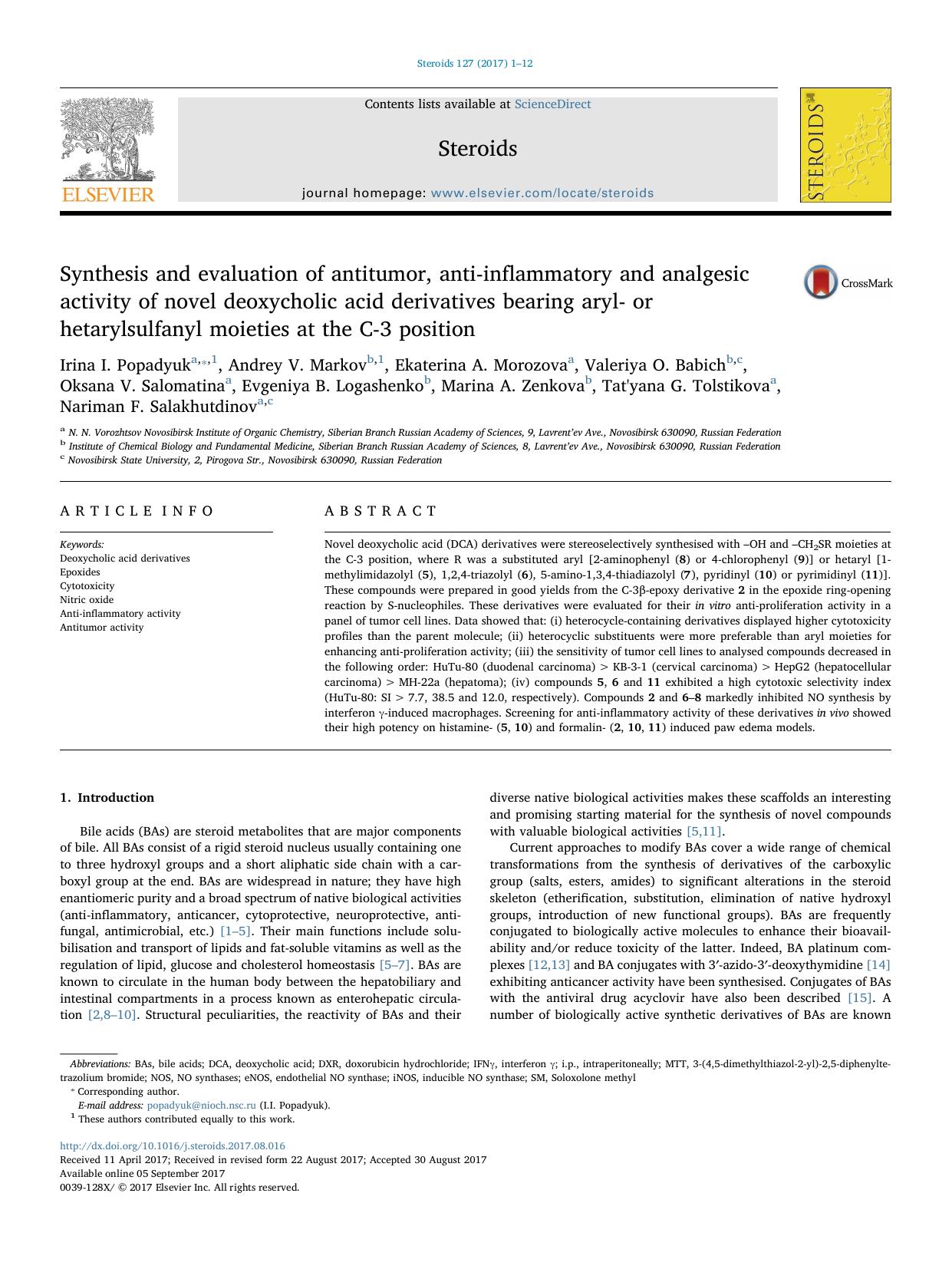 Synthesis and evaluation of antitumor, anti-inflammatory and analgesic activity of novel deoxycholic acid derivatives bearing aryl- or hetarylsulfanyl moieties at the C-3 position by unknow