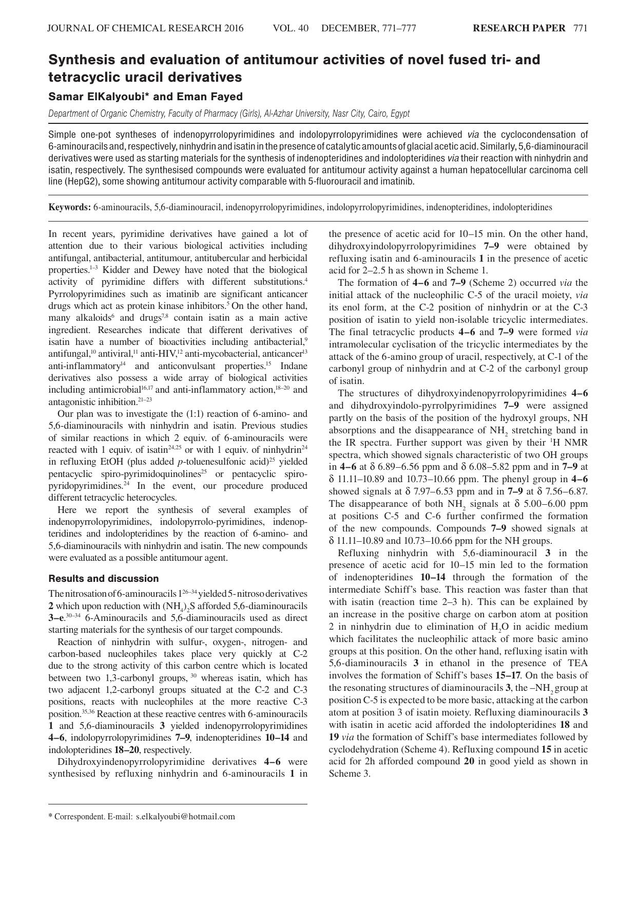 Synthesis and evaluation of antitumour activities of novel fused tri- and tetracyclic uracil derivatives by Samar ElKalyoubi ; Eman Fayed