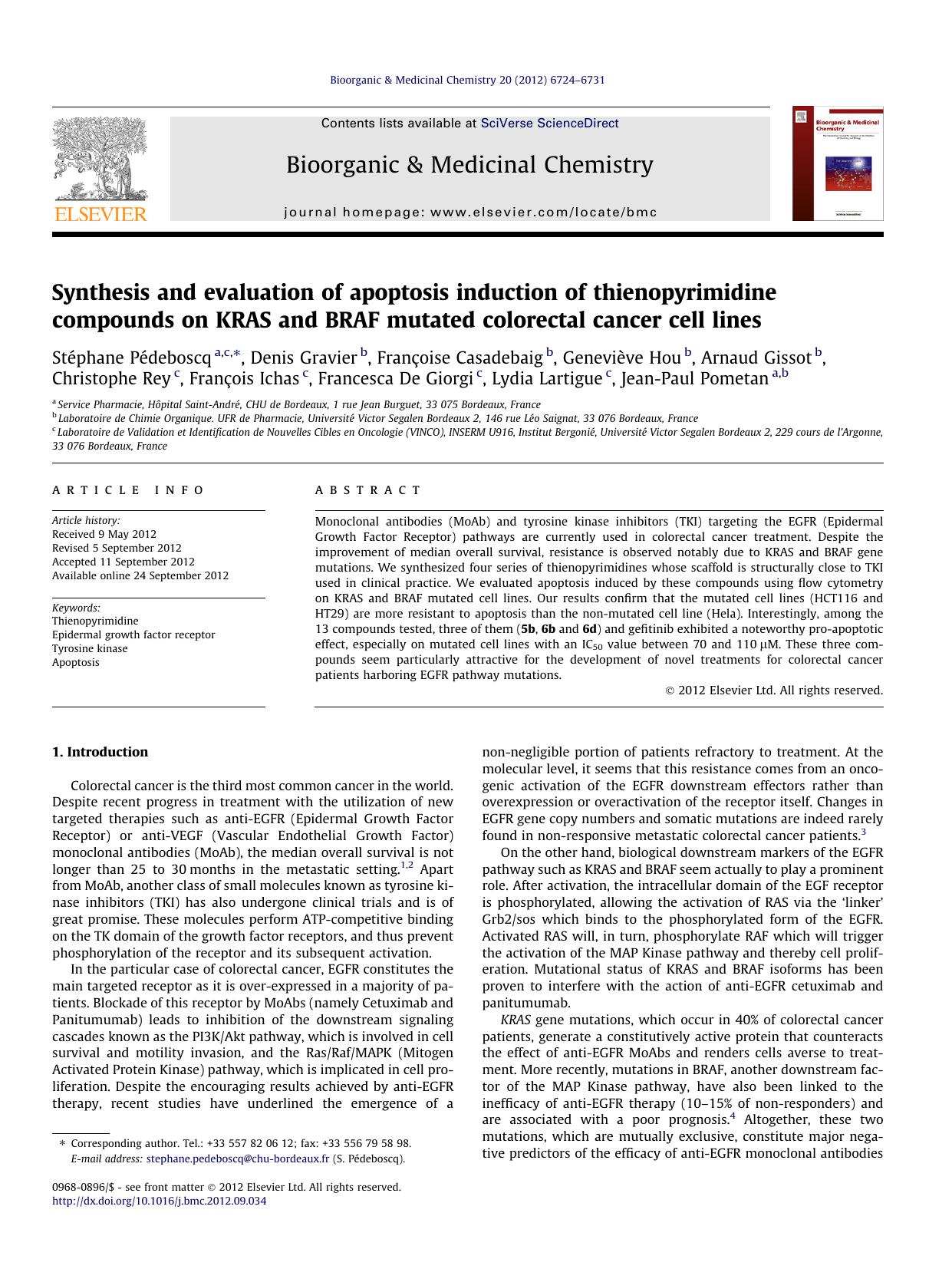 Synthesis and evaluation of apoptosis induction of thienopyrimidine compounds on KRAS and BRAF mutated colorectal cancer cell lines by unknow