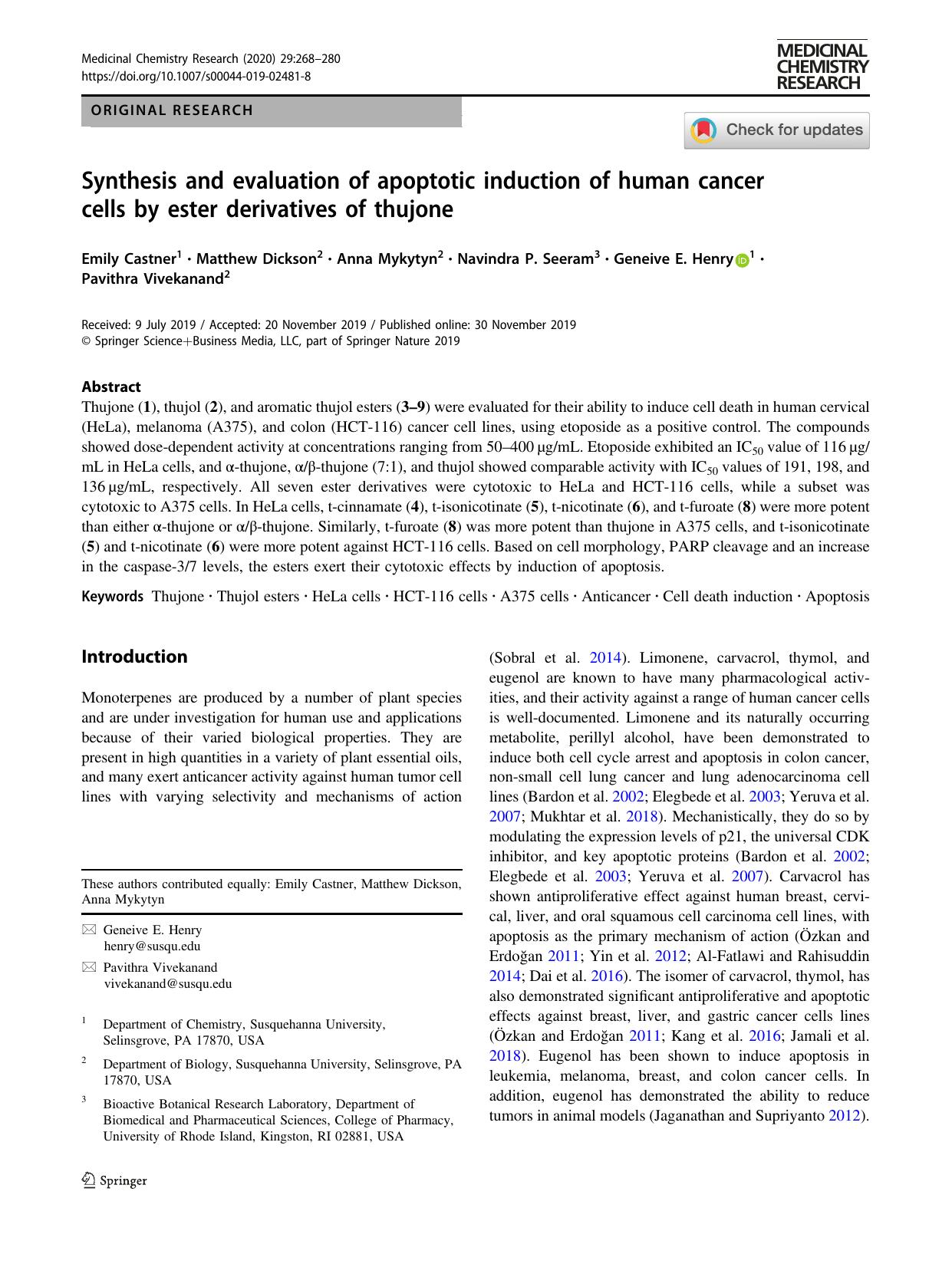Synthesis and evaluation of apoptotic induction of human cancer cells by ester derivatives of thujone by unknow