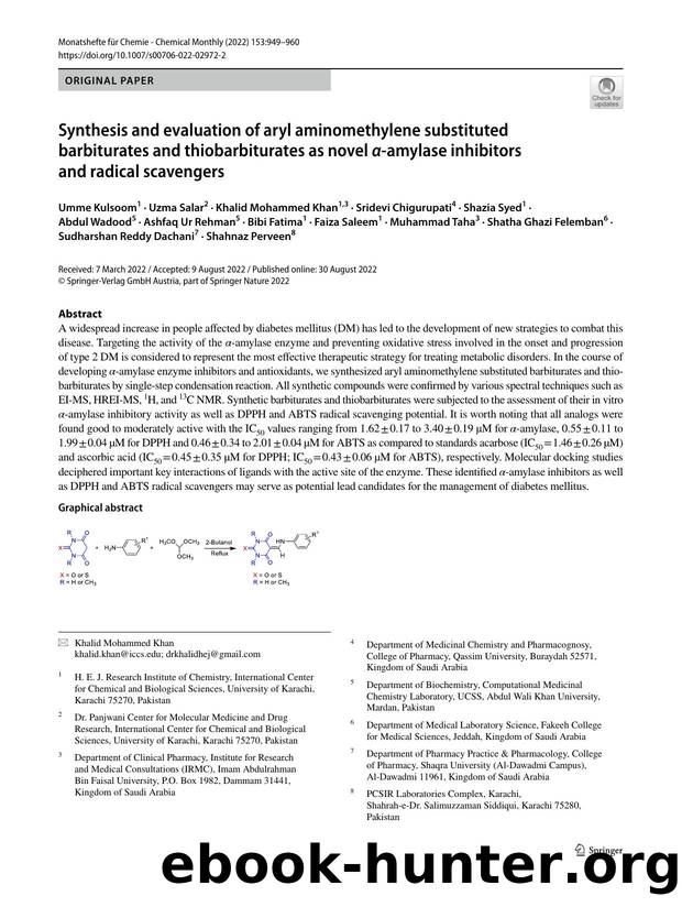 Synthesis and evaluation of aryl aminomethylene substituted barbiturates and thiobarbiturates as novel Î±-amylase inhibitors and radical scavengers by unknow