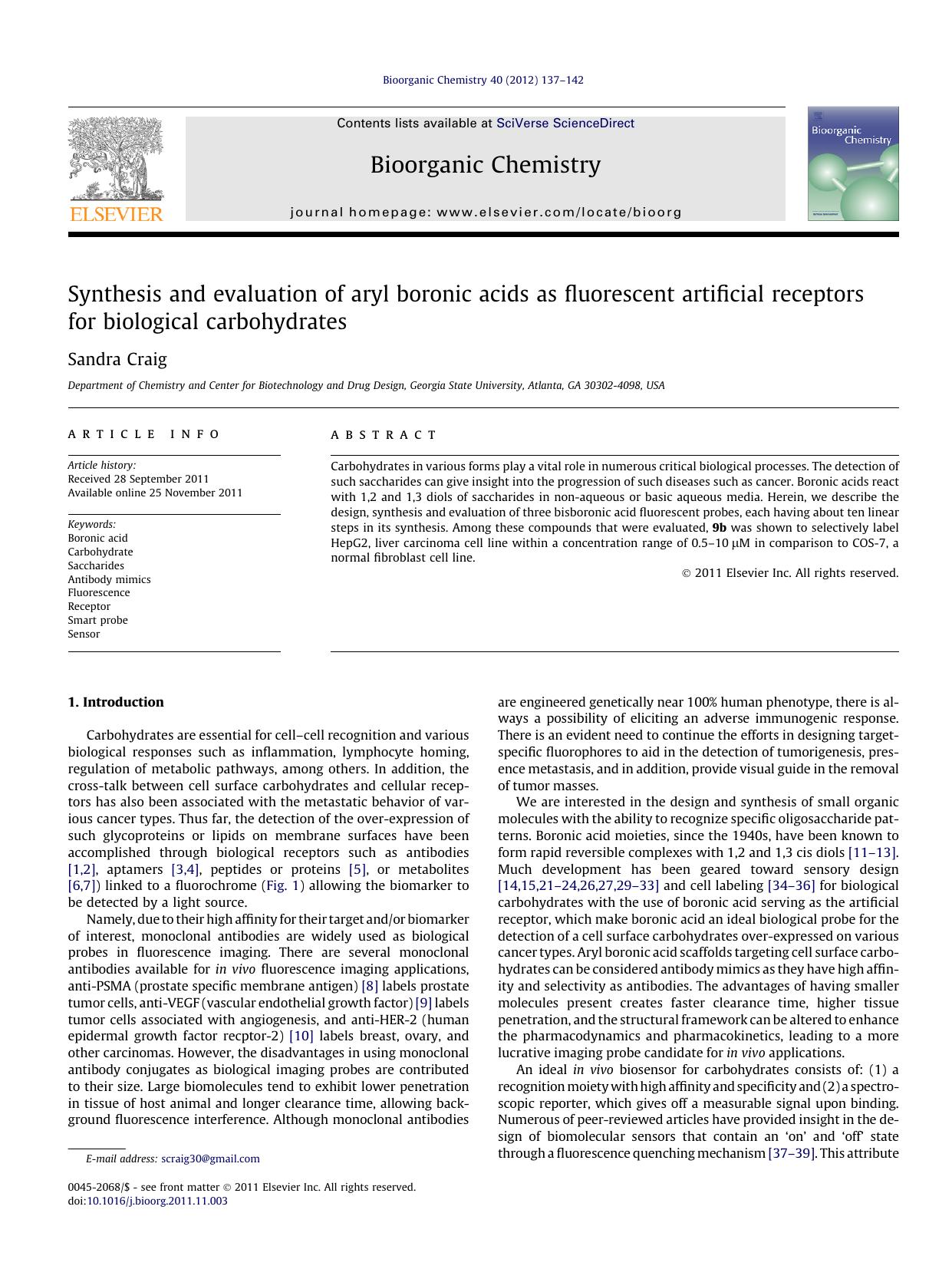 Synthesis and evaluation of aryl boronic acids as fluorescent artificial receptors for biological carbohydrates by Sandra Craig