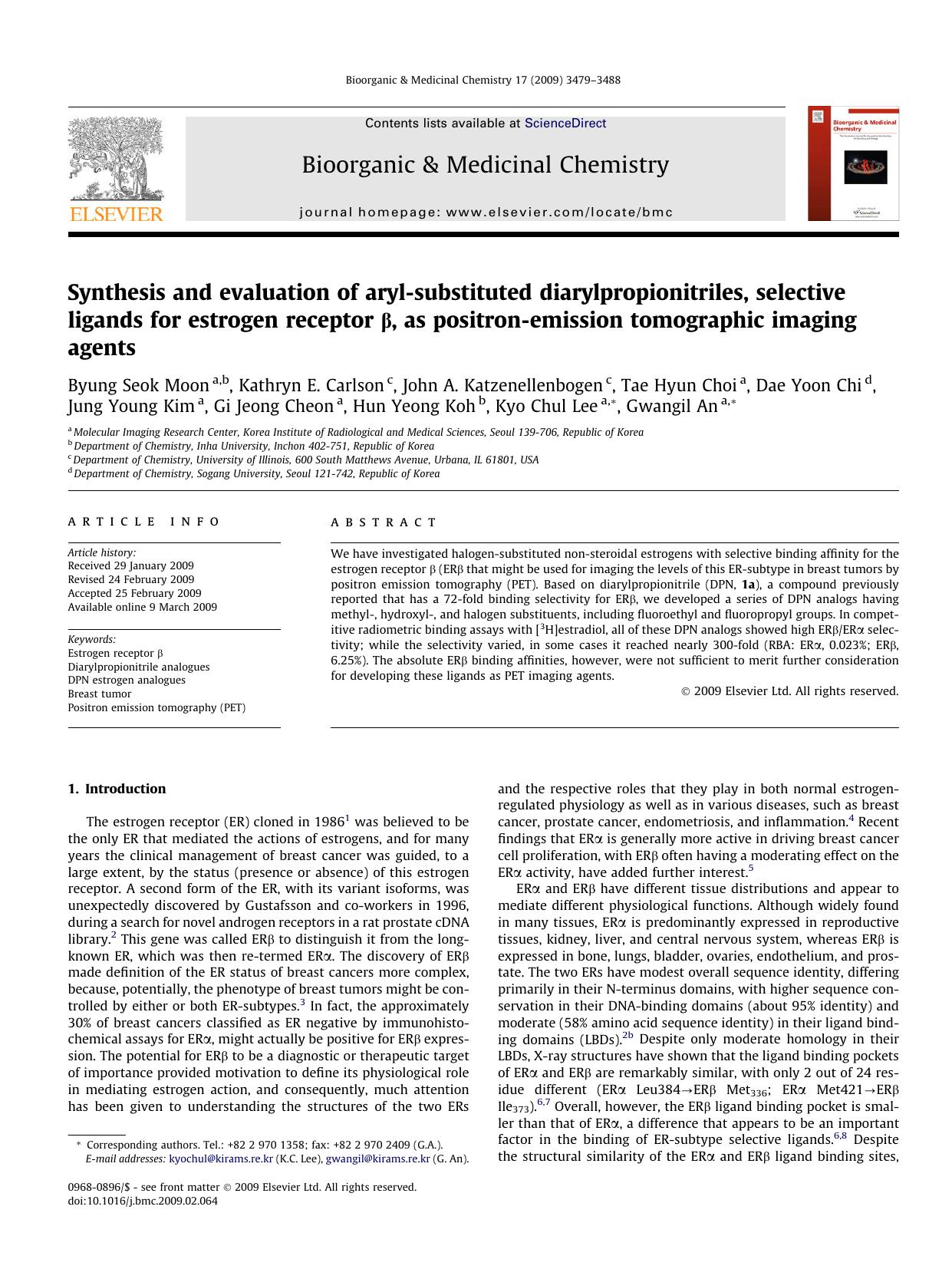 Synthesis and evaluation of aryl-substituted diarylpropionitriles, selective ligands for estrogen receptor Î², as positron-emission tomographic imaging agents by unknow