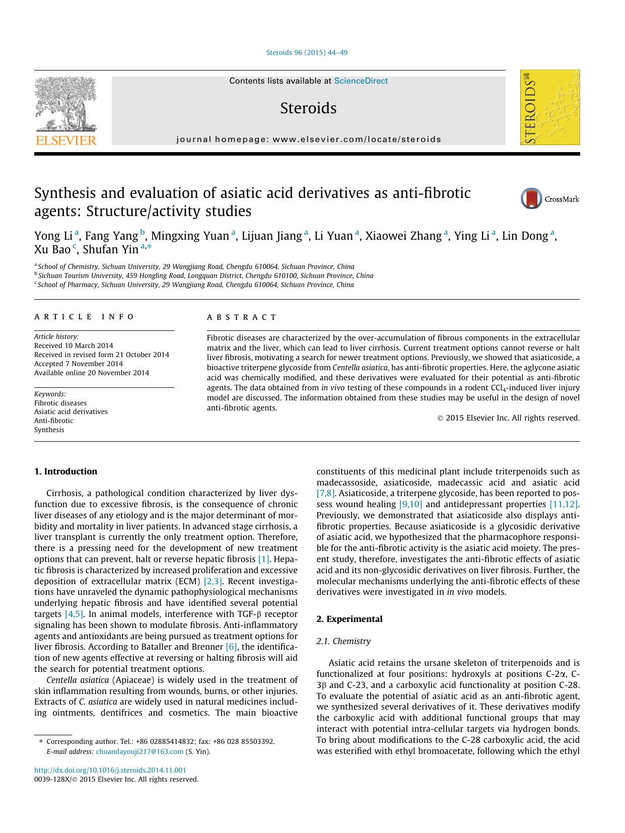 Synthesis and evaluation of asiatic acid derivatives as anti-fibrotic agents: Structureactivity studies by unknow