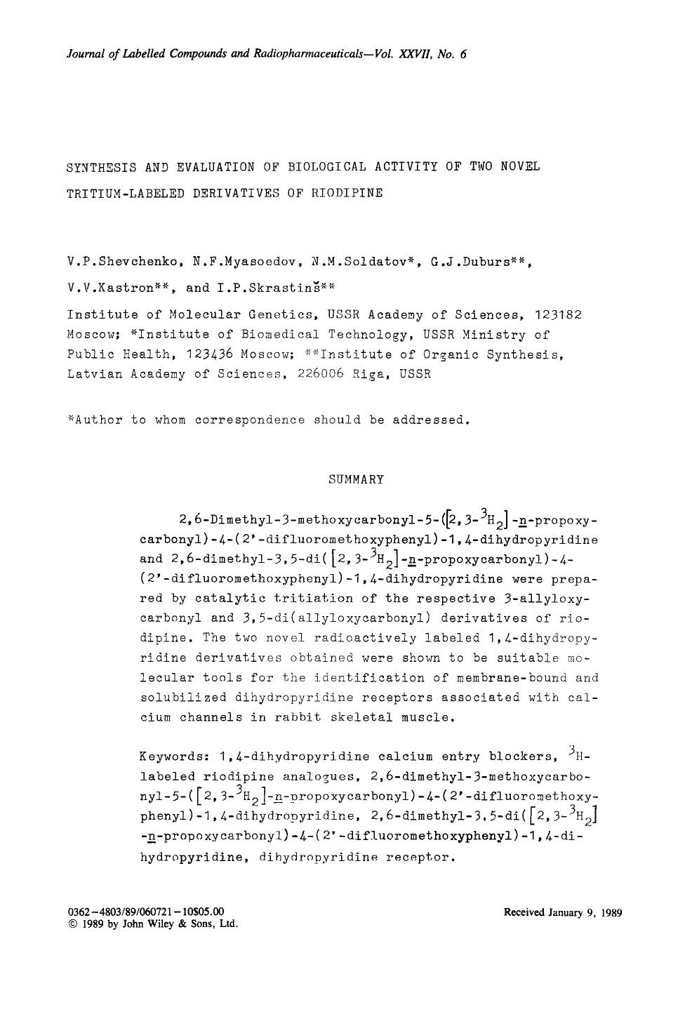 Synthesis and evaluation of biological activity of two novel tritium-labeled derivatives of riodipine by Unknown