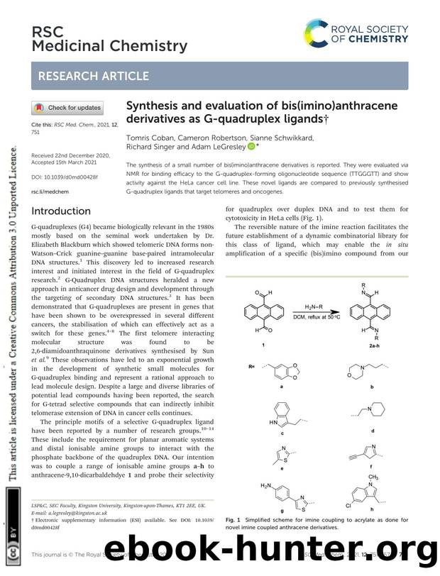 Synthesis and evaluation of bis(imino)anthracene derivatives as G-quadruplex ligands by Tomris Coban & Cameron Robertson & Sianne Schwikkard & Richard Singer & Adam LeGresley