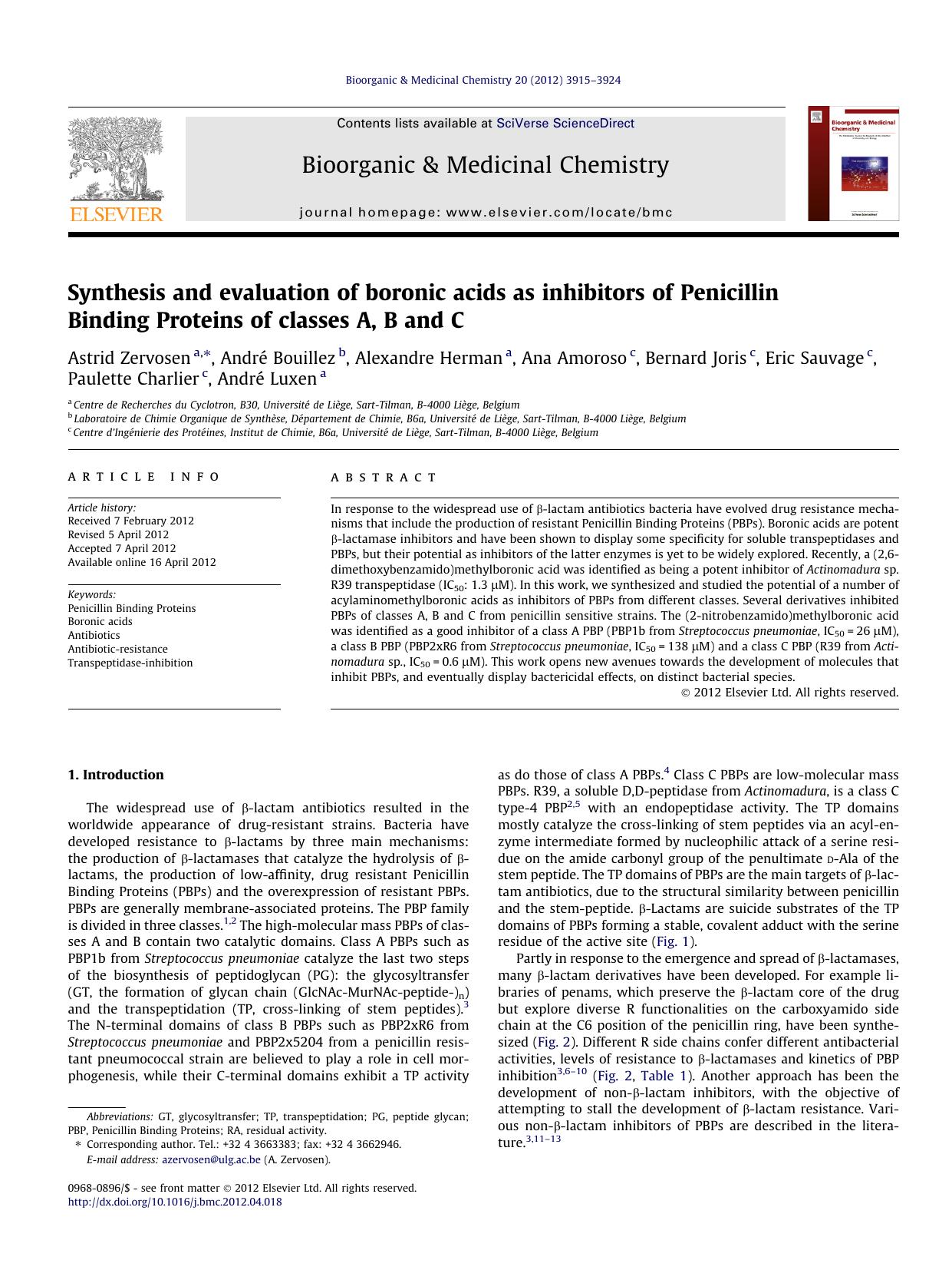 Synthesis and evaluation of boronic acids as inhibitors of Penicillin Binding Proteins of classes A, B and C by unknow